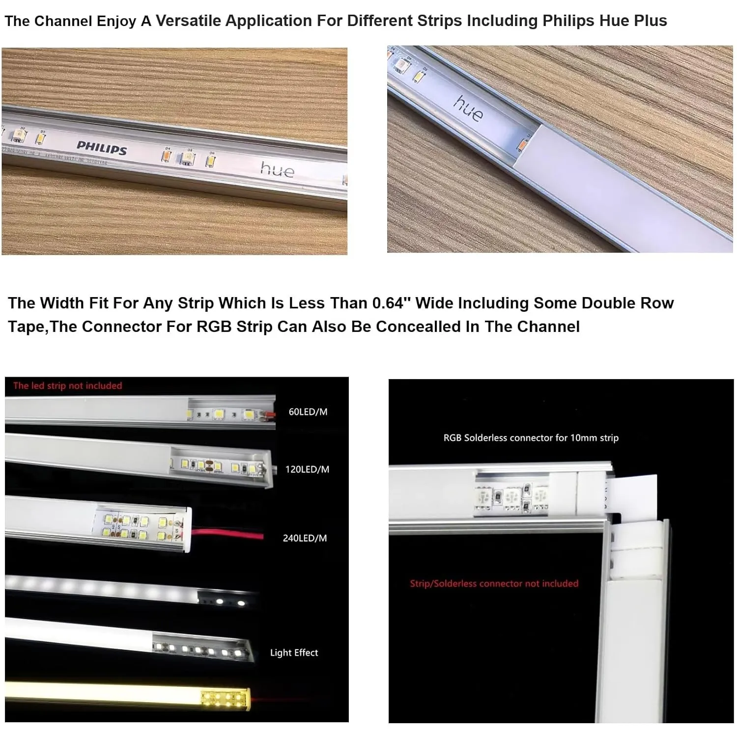 10-Pack 6.56FT LED Strip U Channel Diffuser Fitted for Hue Plus, Surface Mounted Tape Light Aluminum Track with Flat Milky Cover, Low Profile Designed for 0.63'' Wide Ribbon (10, 6.56FT)