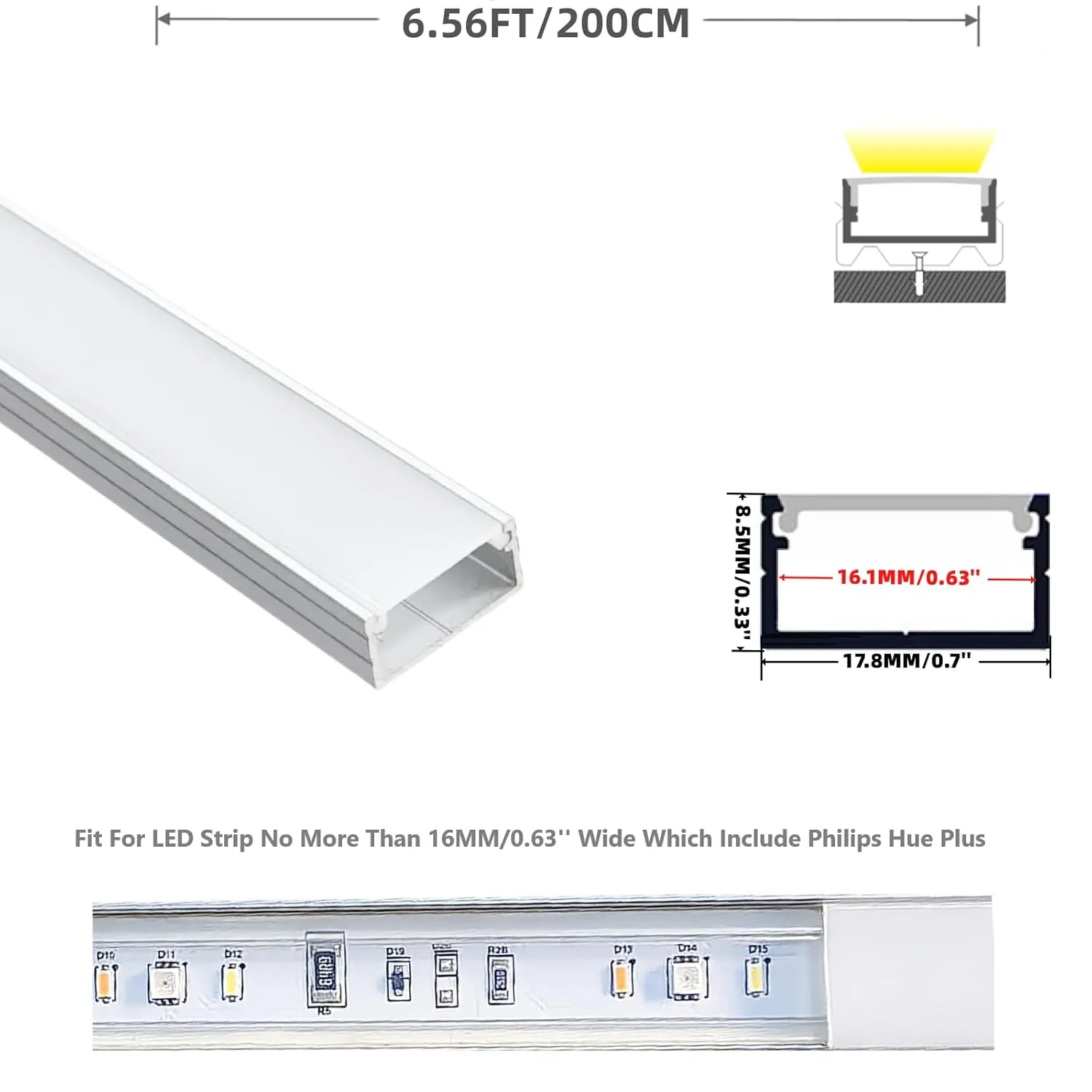 10-Pack 6.56FT LED Strip U Channel Diffuser Fitted for Hue Plus, Surface Mounted Tape Light Aluminum Track with Flat Milky Cover, Low Profile Designed for 0.63'' Wide Ribbon (10, 6.56FT)