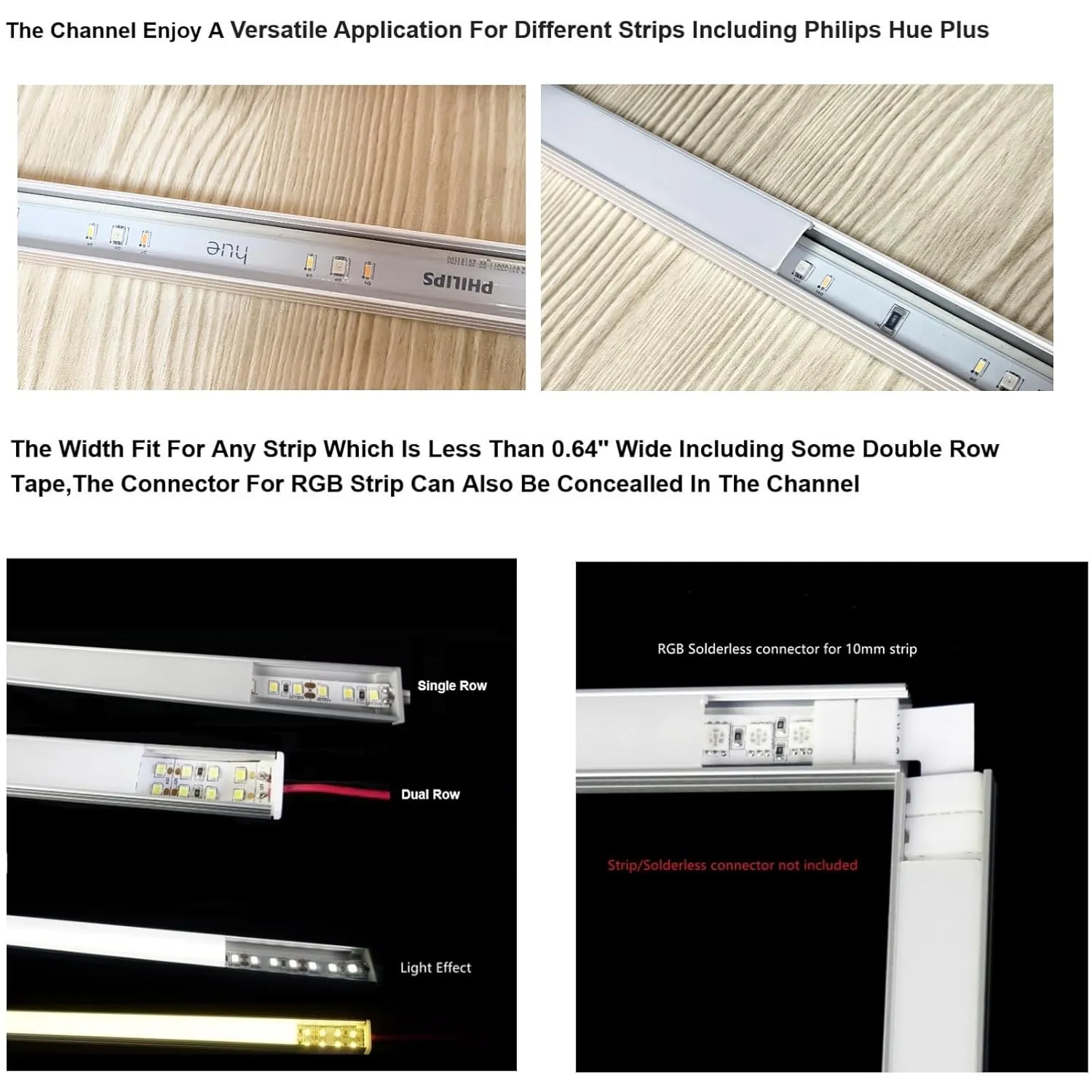 10-Pack 6.56FT LED Strip U Channel Diffuser Fitted for Hue Plus, Surface Mounted Tape Light Aluminum Track with Flat Milky Cover, Low Profile Designed for 0.63'' Wide Ribbon (10, 6.56FT)