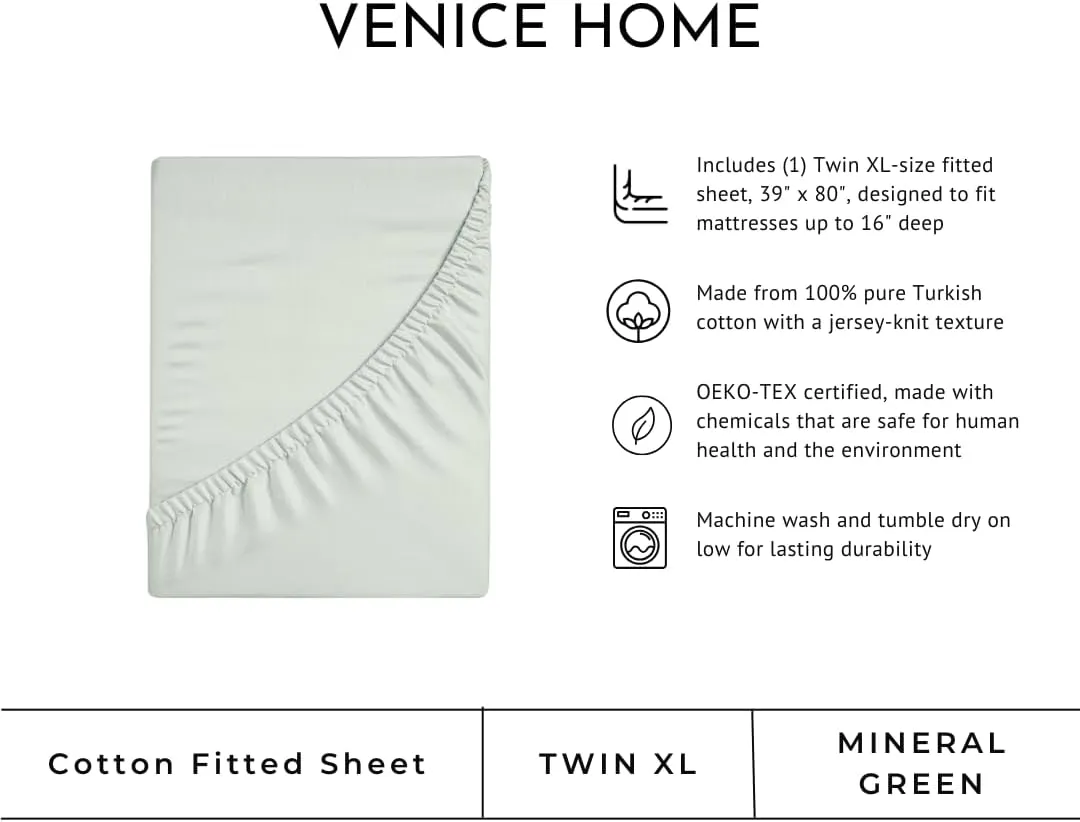 100% Cotton Fitted Sheet Only - Deep Pocket up to 16inch - All-Around Elastic - T-Shirt Fabric Jersey Knit - Extra Soft - Easy Fit - All Season - Comfy (Mineral Green, Twin XL)