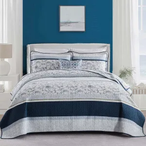 100% Cotton Quilt Set King Size, King Quilt, Patchwork Striped Botanical Quilted Bedspread Lightweight Comforter for King Bed, 3pcs, Navy/Light-Blue/White