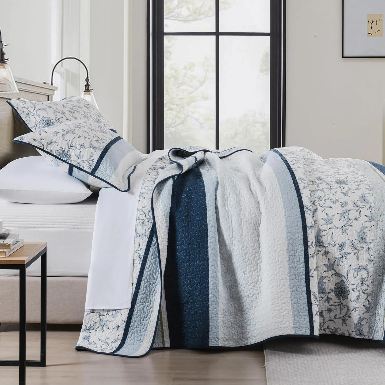 100% Cotton Quilt Set King Size, King Quilt, Patchwork Striped Botanical Quilted Bedspread Lightweight Comforter for King Bed, 3pcs, Navy/Light-Blue/White