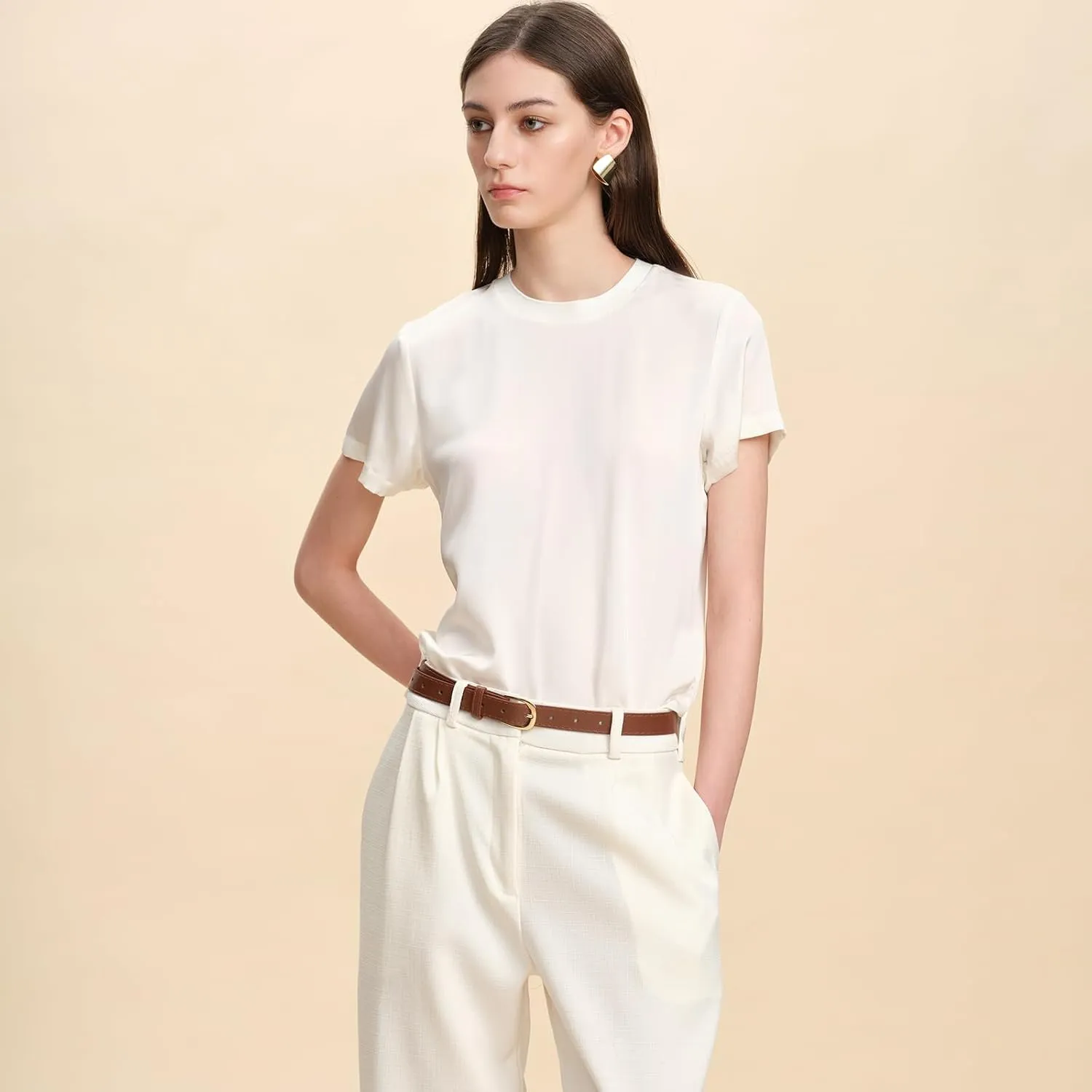 100% Silk T-Shirts for Women Pure Silk Basic Tee Shirt Crewneck Short Sleeve Tops Summer Fall Casual Dressy Tshirts