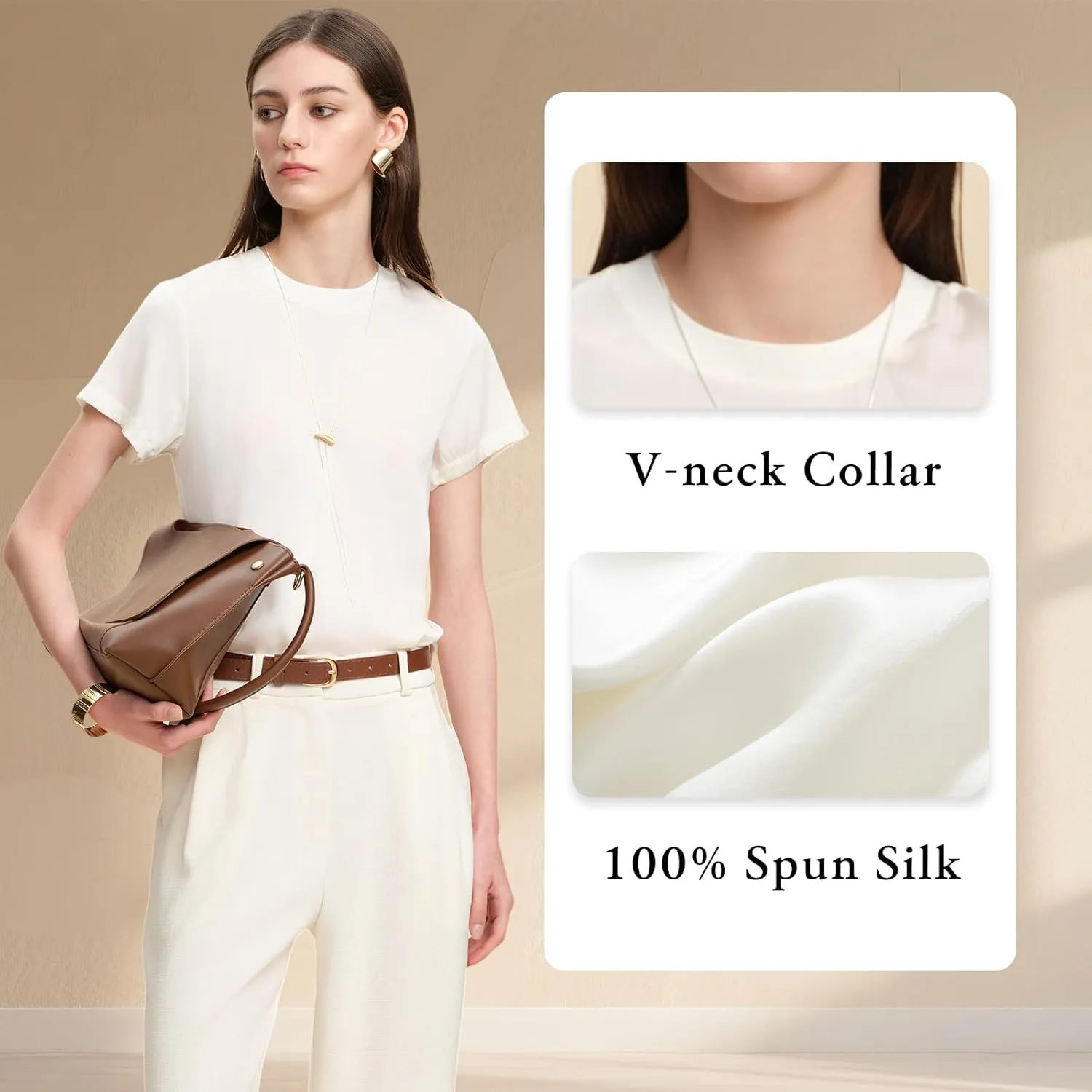 100% Silk T-Shirts for Women Pure Silk Basic Tee Shirt Crewneck Short Sleeve Tops Summer Fall Casual Dressy Tshirts