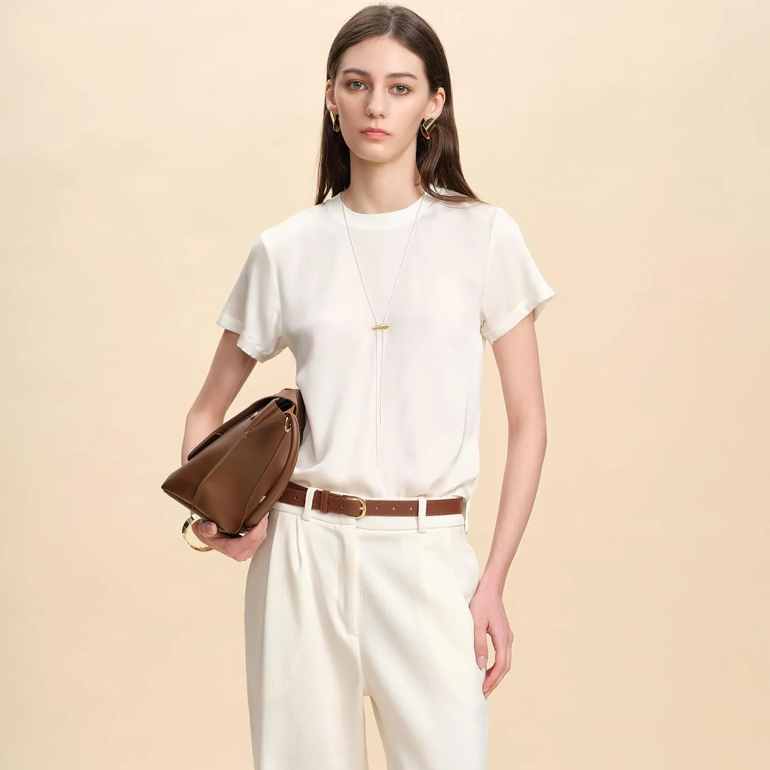 100% Silk T-Shirts for Women Pure Silk Basic Tee Shirt Crewneck Short Sleeve Tops Summer Fall Casual Dressy Tshirts