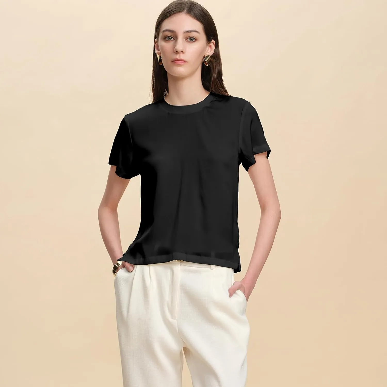 100% Silk T-Shirts for Women Pure Silk Basic Tee Shirt Crewneck Short Sleeve Tops Summer Fall Casual Dressy Tshirts