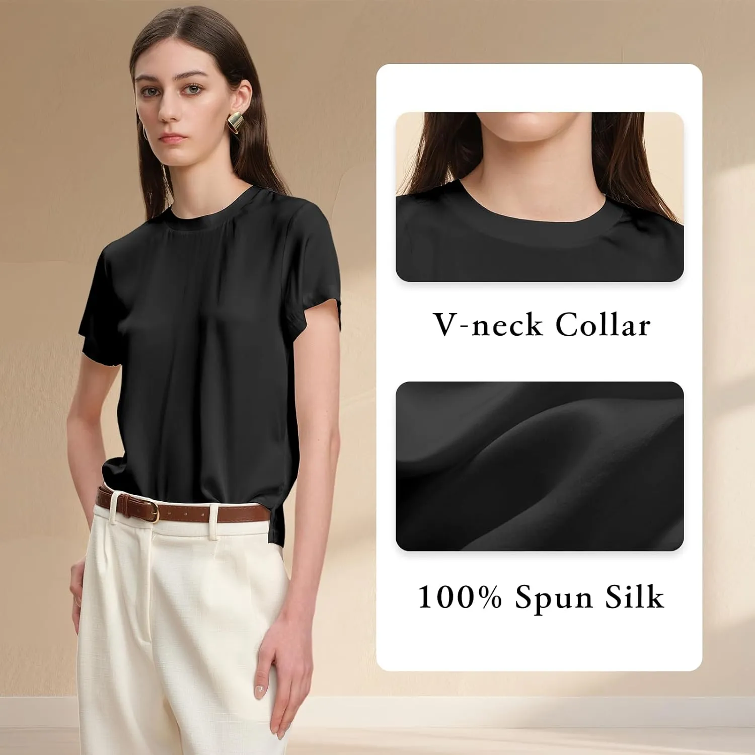 100% Silk T-Shirts for Women Pure Silk Basic Tee Shirt Crewneck Short Sleeve Tops Summer Fall Casual Dressy Tshirts