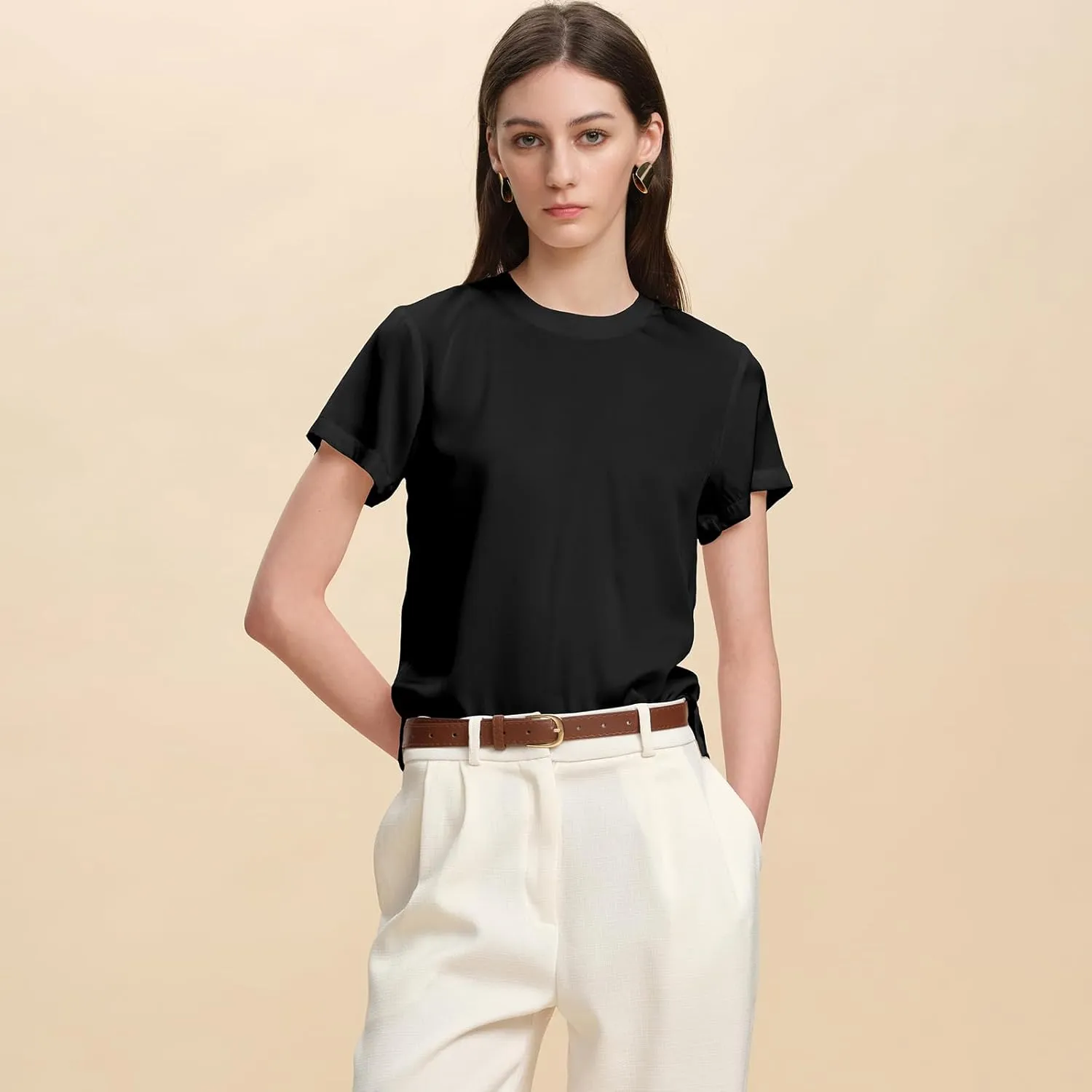100% Silk T-Shirts for Women Pure Silk Basic Tee Shirt Crewneck Short Sleeve Tops Summer Fall Casual Dressy Tshirts