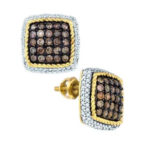 10K Yellow Gold Round Cognac-brown Color Enhanced Diamond Square Rope Frame Earrings 1-1/4 Cttw