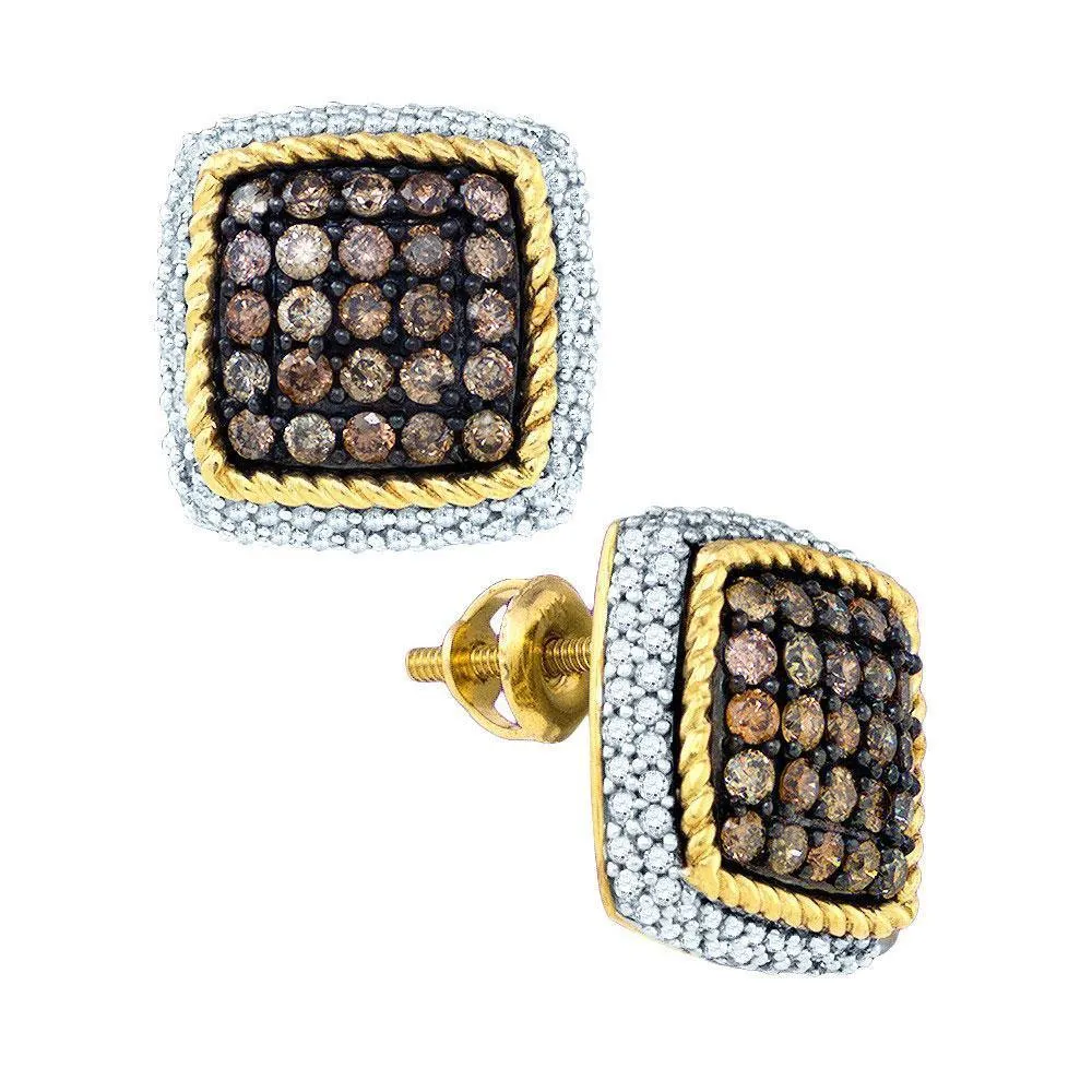 10K Yellow Gold Round Cognac-brown Color Enhanced Diamond Square Rope Frame Earrings 1-1/4 Cttw