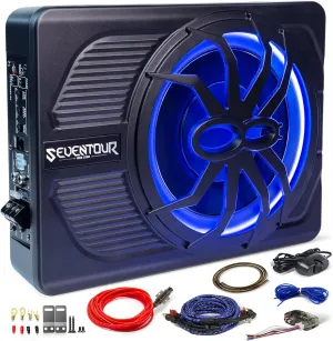 10" Upgrade 800W Slim Under Seat Powered Car Subwoofer, Car/Truck Audio Sub Built in Amplifier amp Combo Package, with Blue LED Light (Subwoofer Installation Wire Kit)