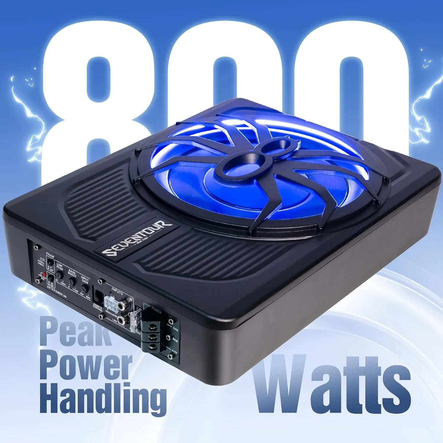 10" Upgrade 800W Slim Under Seat Powered Car Subwoofer, Car/Truck Audio Sub Built in Amplifier amp Combo Package, with Blue LED Light (Subwoofer Installation Wire Kit)