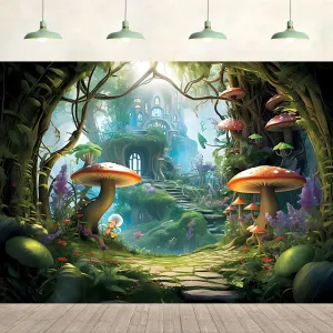 10x8ft Enchanted Forest Backdrop Green Fantasy Wonderland Mushroom Forest Jungle Photography Background for Kids Room Wall Decoration Baby Shower Birthday Party Banner Decorations