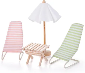 1:12 Miniature Dollhouse Beach Accessories Set with Metal Beach Recliner, Wooden Sun Umbrella and Folding Table, Dollhouse Furniture Decoration for Beach, Outdoor(Pink   Green)