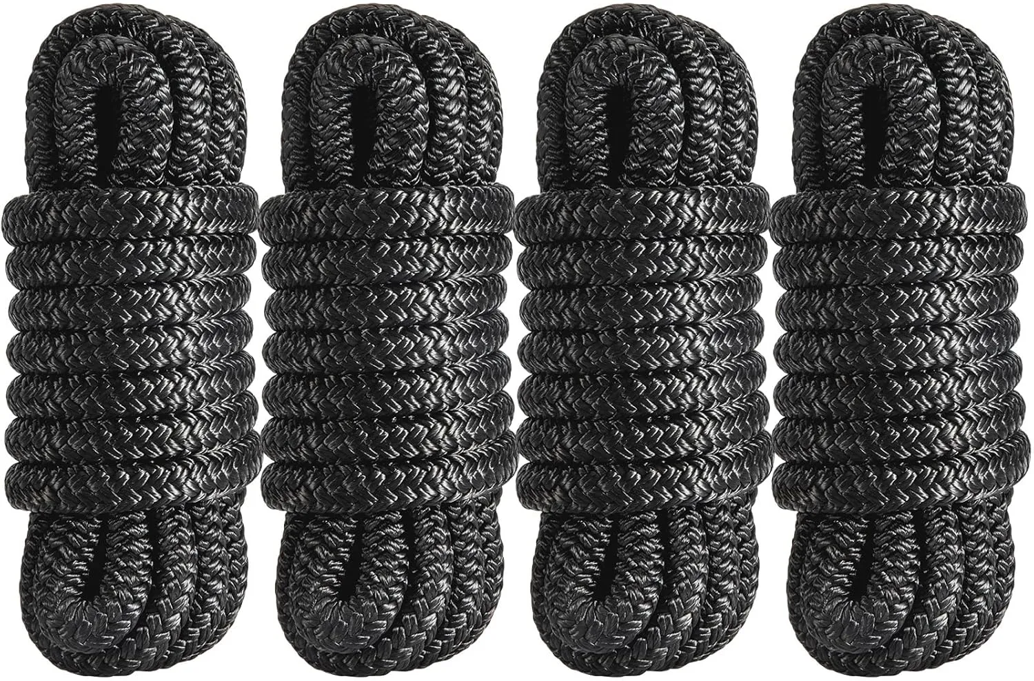 1/2 Inch x 15ft Marine Dock Lines (4 Pack) – Double Braided Nylon Boat Rope Pre-Spliced with 12" Loops, Heavy Duty UV Resistant Mooring Lines for Boats, Yachts, Pontoons – Black