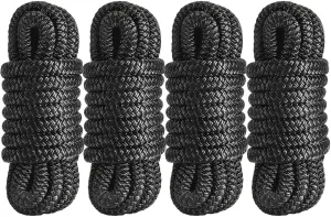 1/2 Inch x 15ft Marine Dock Lines (4 Pack) – Double Braided Nylon Boat Rope Pre-Spliced with 12" Loops, Heavy Duty UV Resistant Mooring Lines for Boats, Yachts, Pontoons – Black