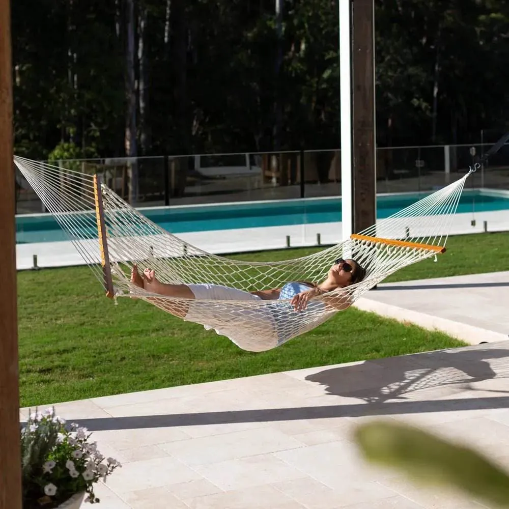 12ft Natural Wooden Arc Hammock Stand & Resort Polyester Rope Hammock