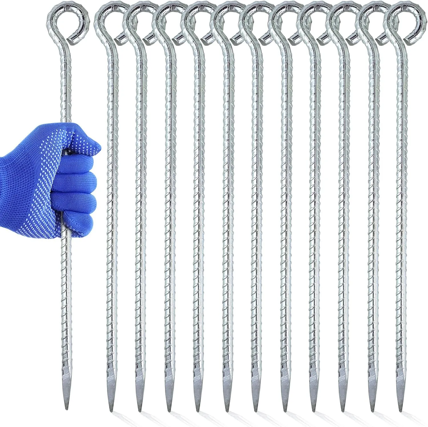 16 Inch Ground Rebar Stakes, 8 Pack Heavy Duty Galvanized Metal Anchor with a 0.9-Inch Wide Hole, for Outdoor Camping Tent