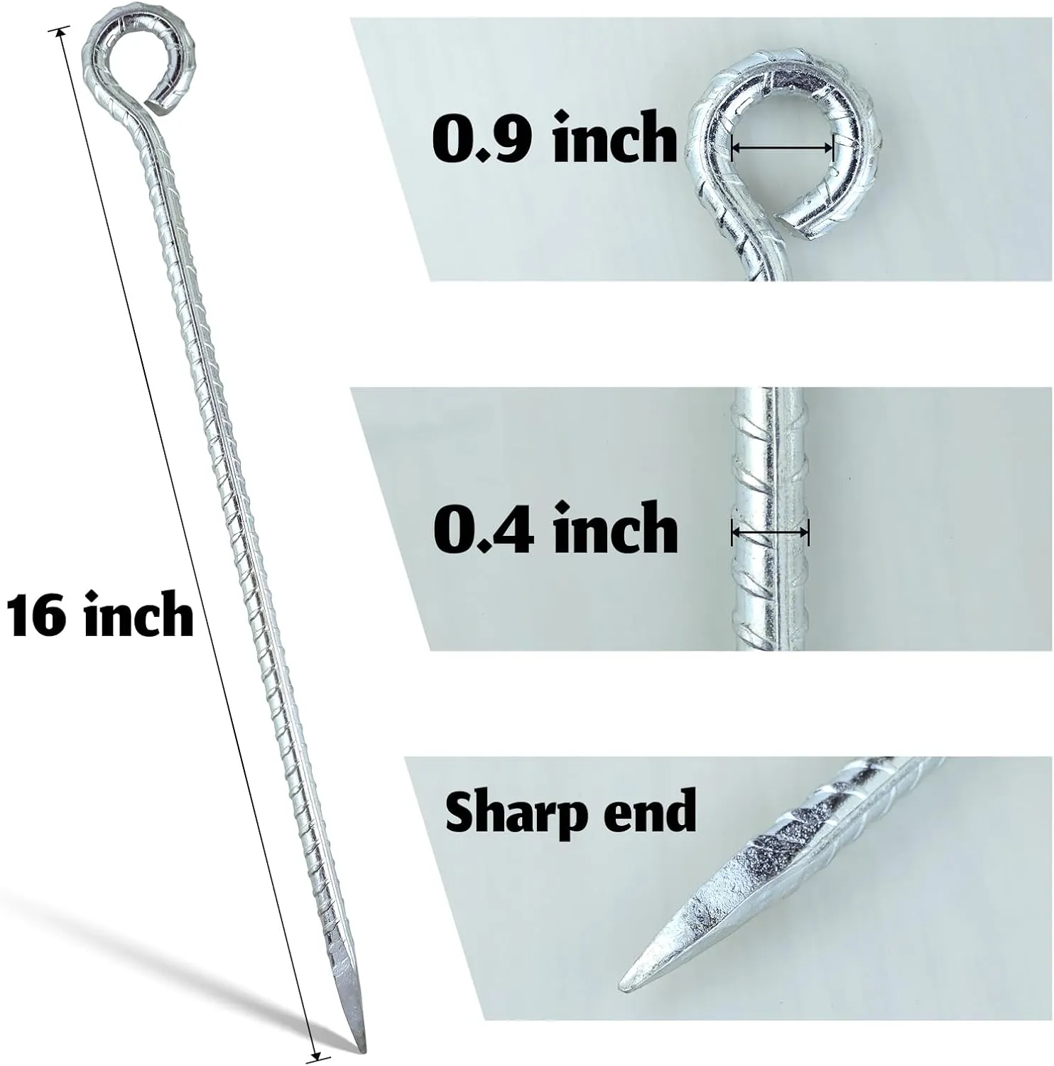 16 Inch Ground Rebar Stakes, 8 Pack Heavy Duty Galvanized Metal Anchor with a 0.9-Inch Wide Hole, for Outdoor Camping Tent