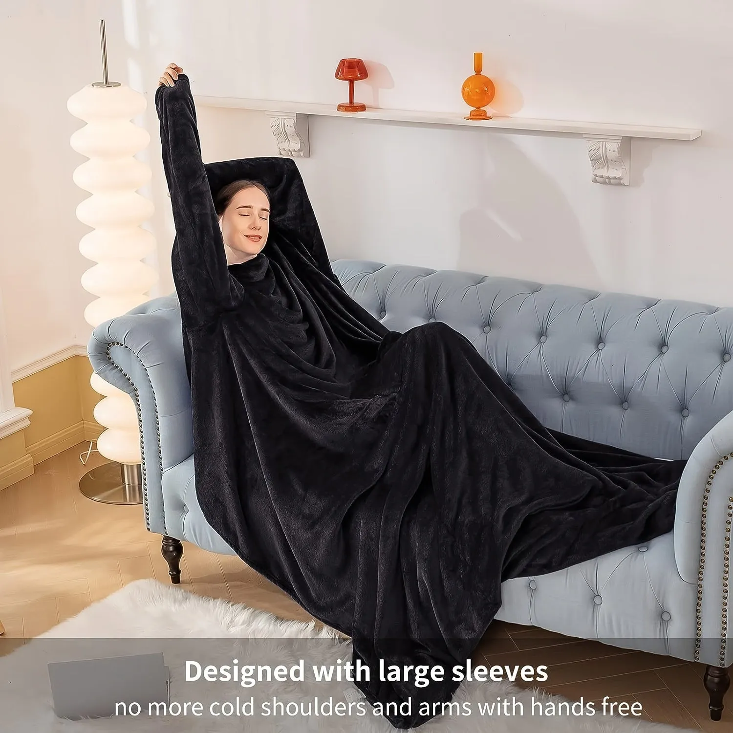 1pc Cozy Flannel Wearable Blanket Hoodie - Sleeve-Enabled Winter Sweatshirt for Unisex - Oversized Fleece Pullover Perfect for Lounging & TV Watching