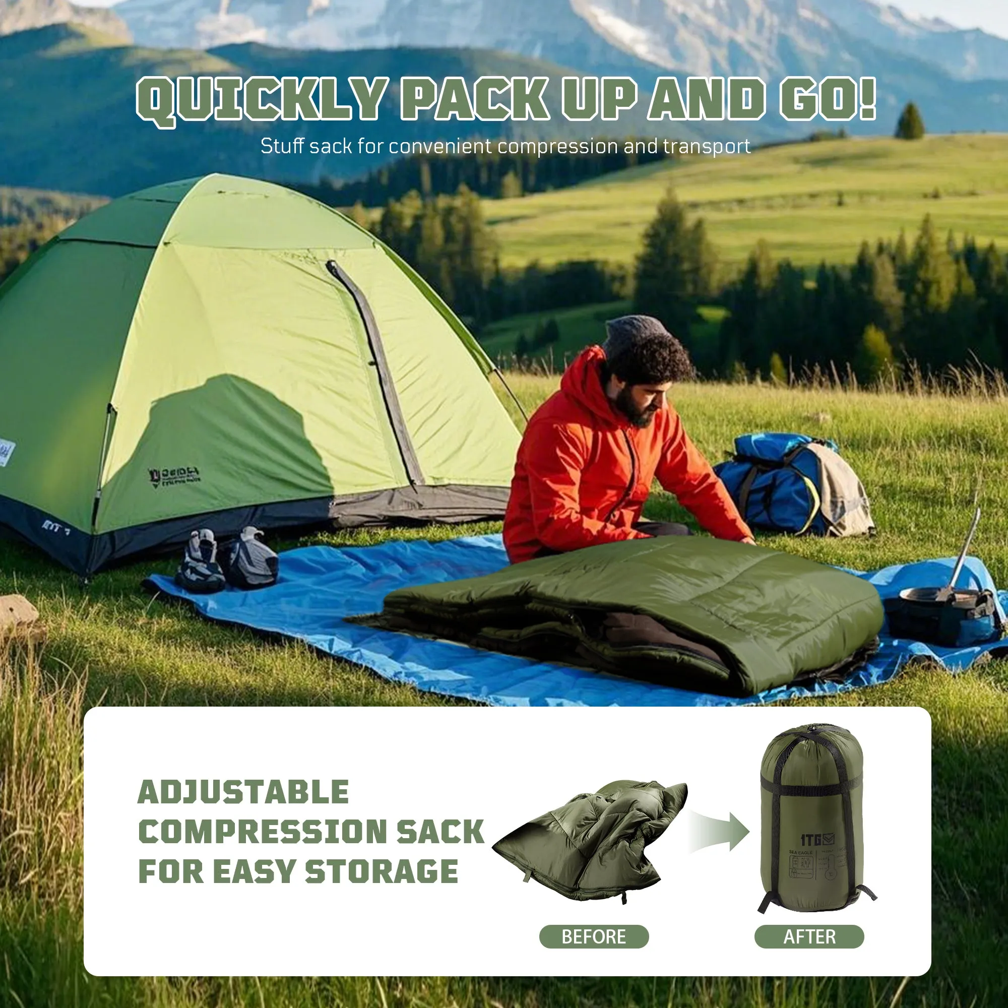 1TG Ultralight Camping Warm Cold Weather Sleeping Bag, 34-43℉ All Season