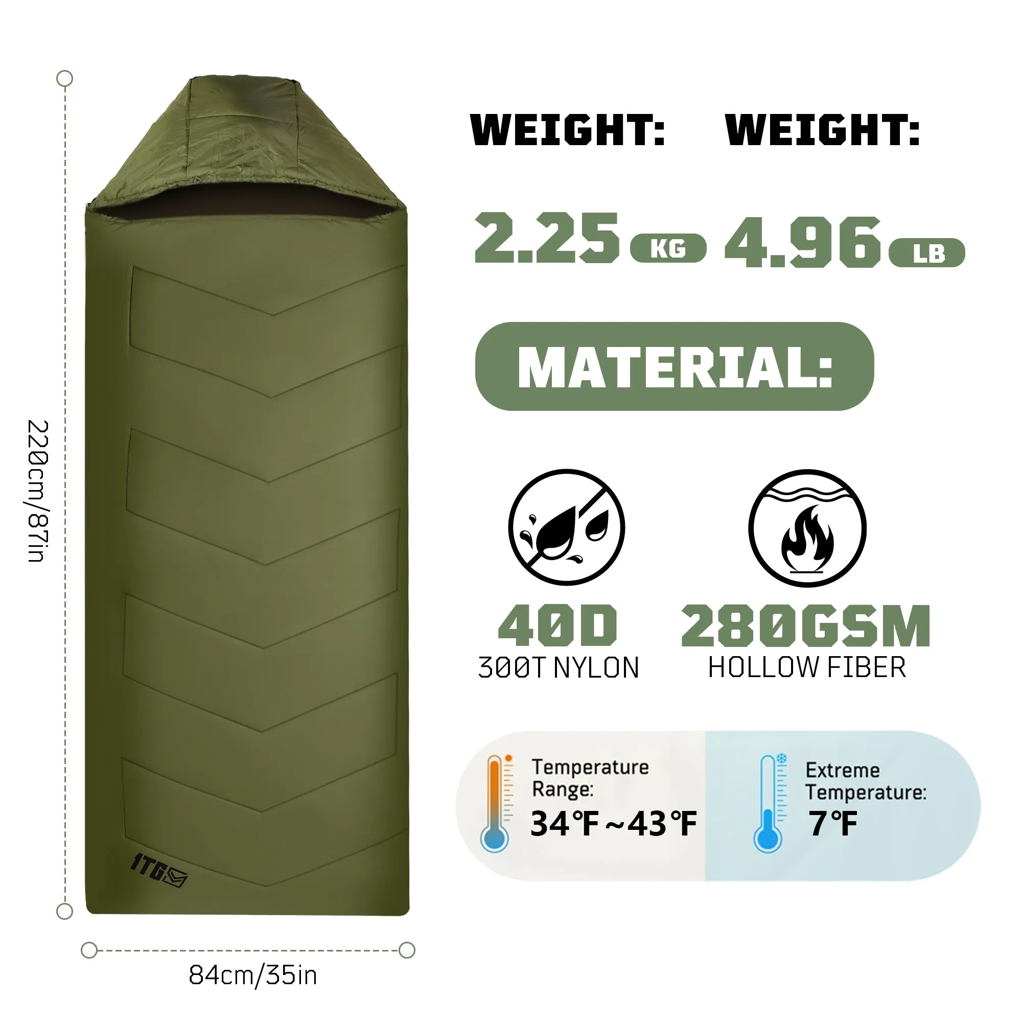 1TG Ultralight Camping Warm Cold Weather Sleeping Bag, 34-43℉ All Season