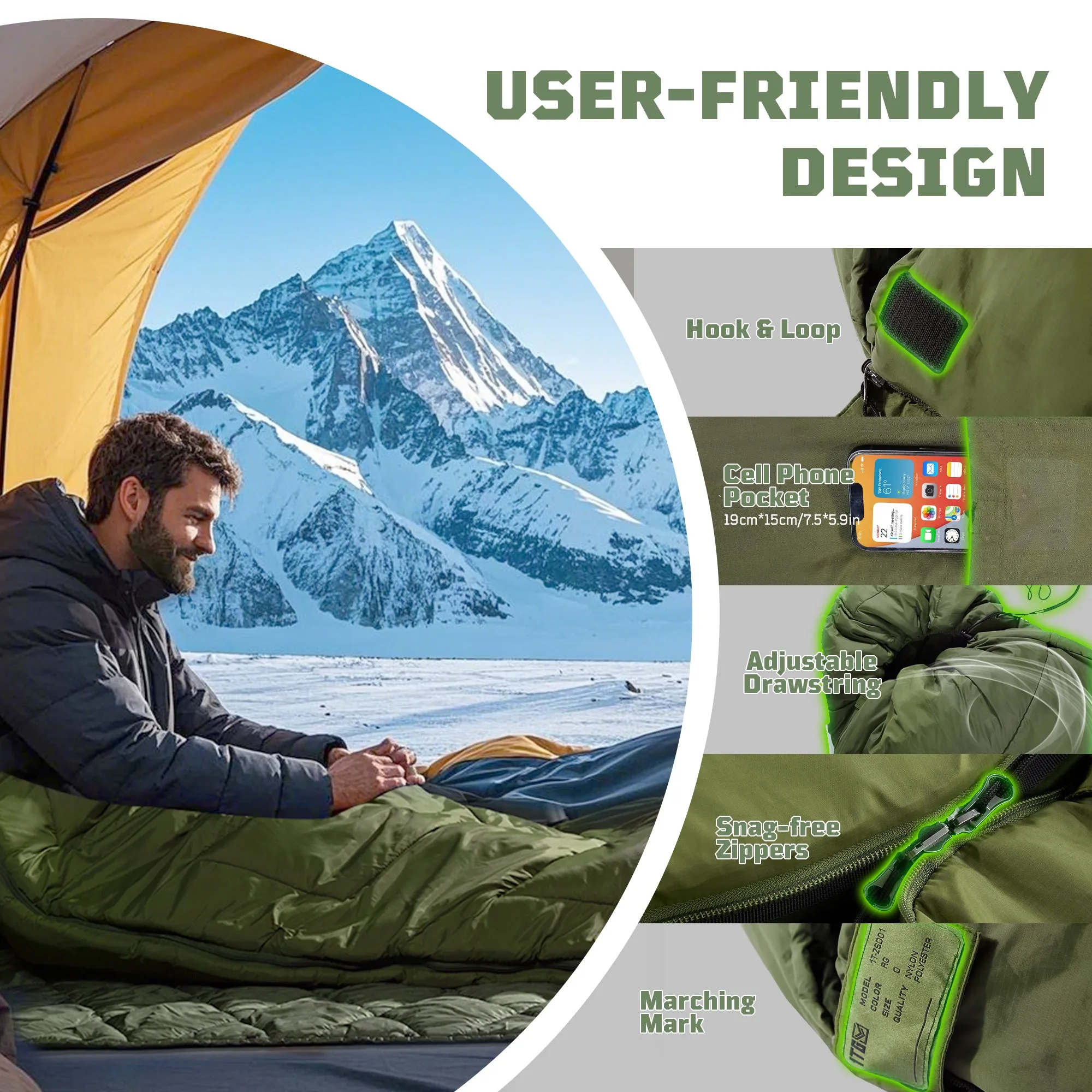1TG Ultralight Camping Warm Cold Weather Sleeping Bag, 34-43℉ All Season