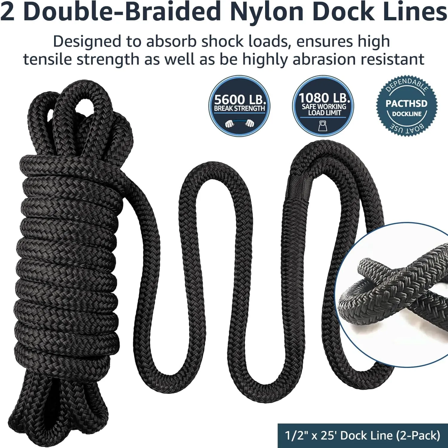 2 Pack 1/2" x 25' Boat Dock Lines - Marine Grade Nylon Boat Rope with 12" Loop for Docking and Mooring - Double Braided Boat Lines, High Strength, Easy Handling, Fray Resistant - Black