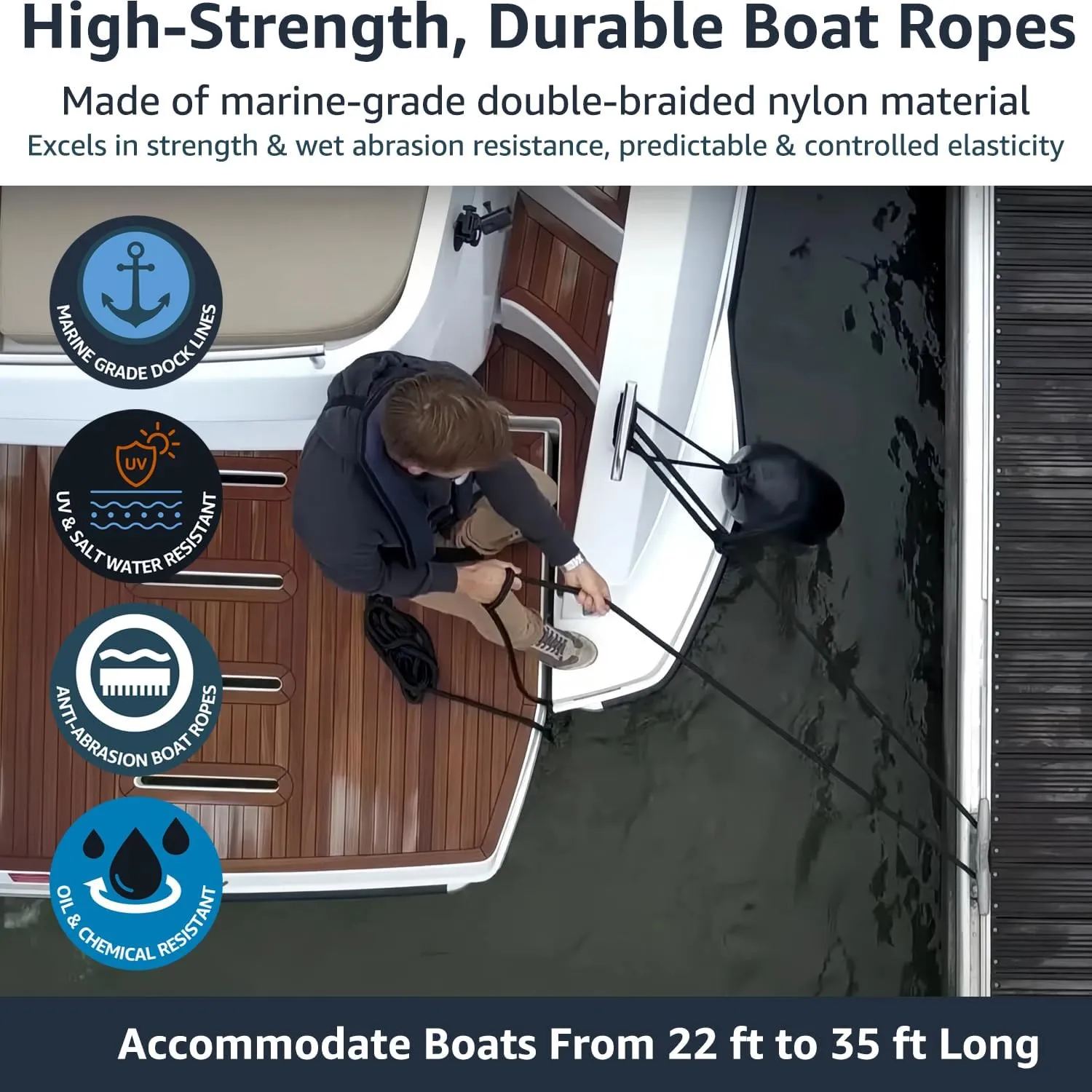 2 Pack 1/2" x 25' Boat Dock Lines - Marine Grade Nylon Boat Rope with 12" Loop for Docking and Mooring - Double Braided Boat Lines, High Strength, Easy Handling, Fray Resistant - Black
