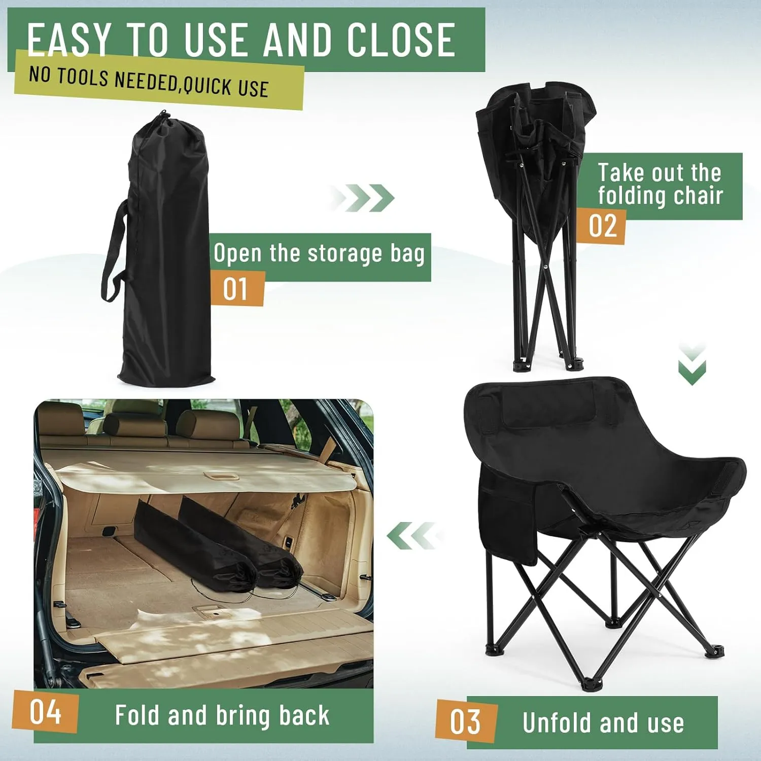 2 Pack Compact Camping Chairs Portable Folding for Outside with Carry Bag Lightweight Moon Chairs for Travel Picnic Hiking Beach Fishing, 600D Oxford, Supports 330lbs(Black)