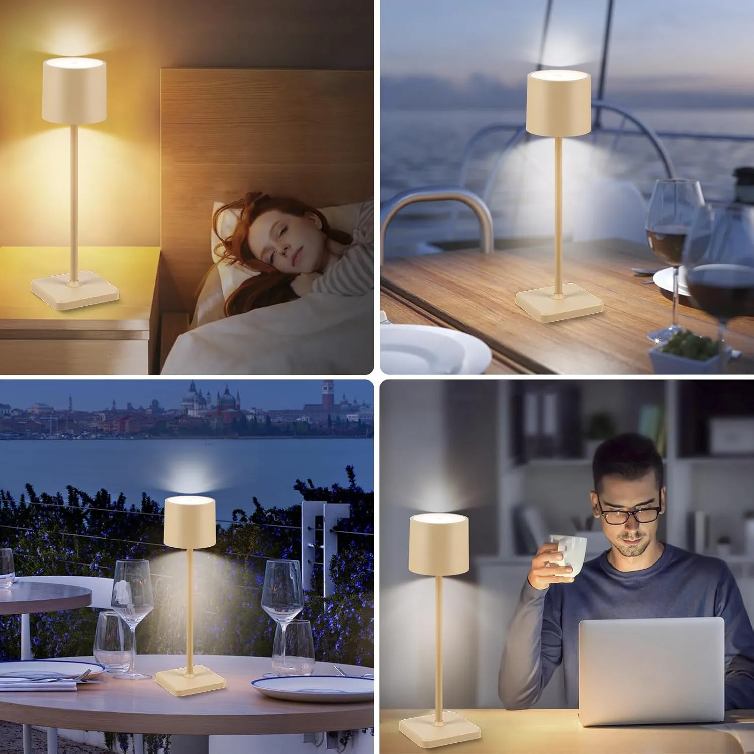 2 Pack Cordless Table Lamp Rechargeable, Wireless Charging LED Table Lamp, IP54 Waterproof Aluminum Bedside Light, Touch Control, Suitable for Indoor and Outdoor Use, Sand