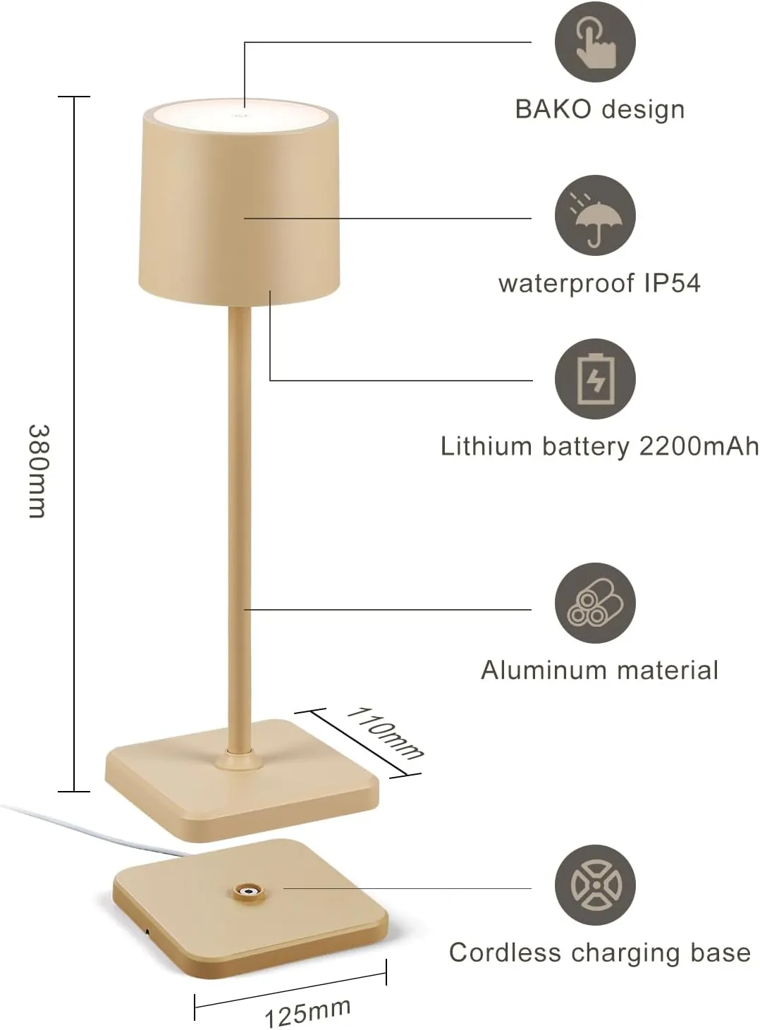 2 Pack Cordless Table Lamp Rechargeable, Wireless Charging LED Table Lamp, IP54 Waterproof Aluminum Bedside Light, Touch Control, Suitable for Indoor and Outdoor Use, Sand