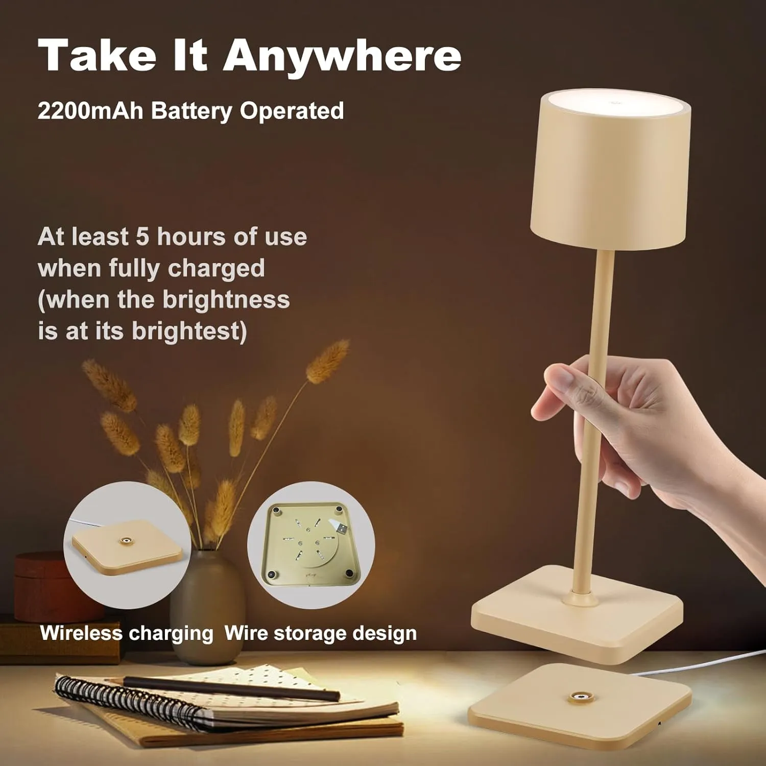 2 Pack Cordless Table Lamp Rechargeable, Wireless Charging LED Table Lamp, IP54 Waterproof Aluminum Bedside Light, Touch Control, Suitable for Indoor and Outdoor Use, Sand