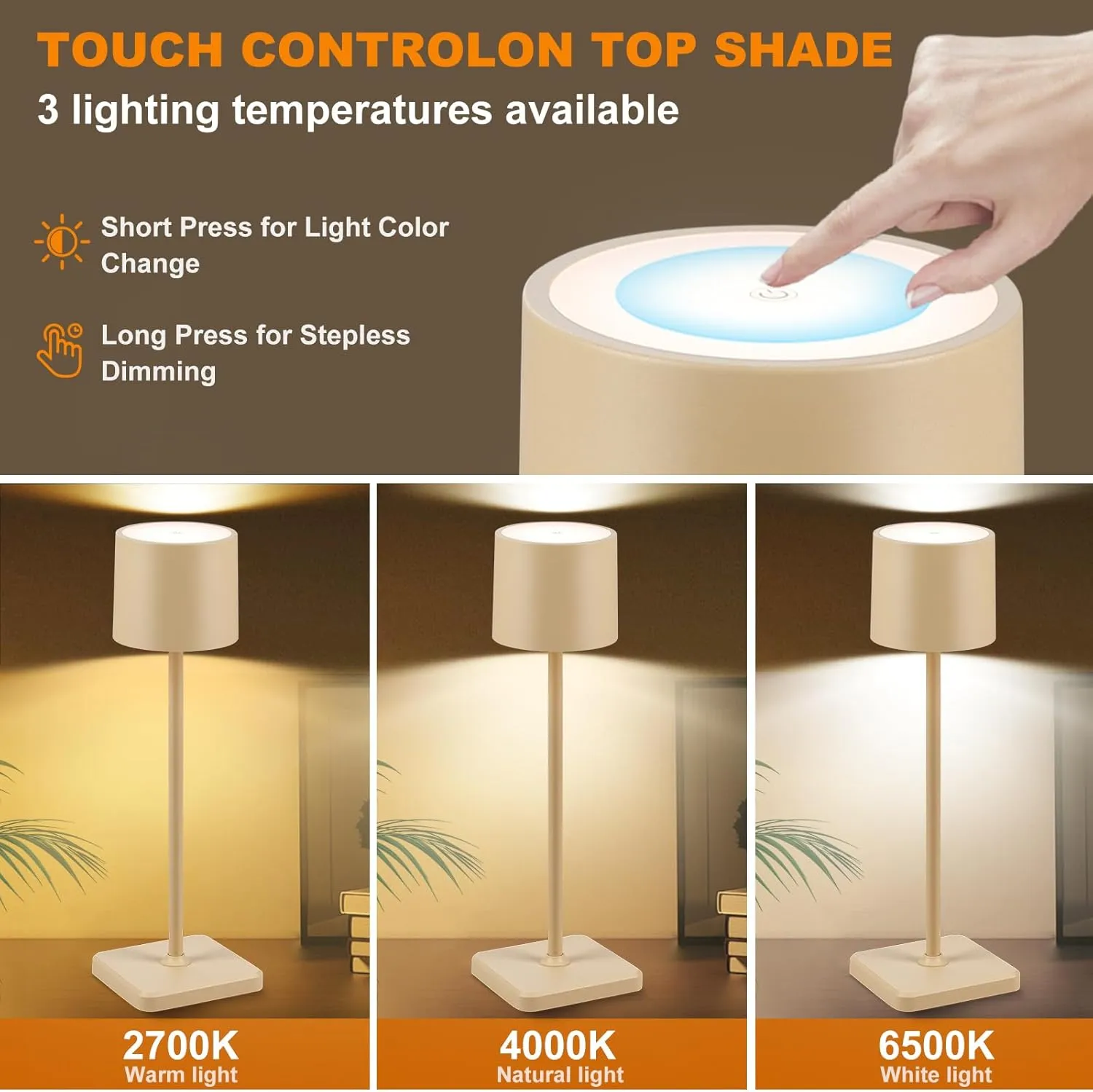 2 Pack Cordless Table Lamp Rechargeable, Wireless Charging LED Table Lamp, IP54 Waterproof Aluminum Bedside Light, Touch Control, Suitable for Indoor and Outdoor Use, Sand