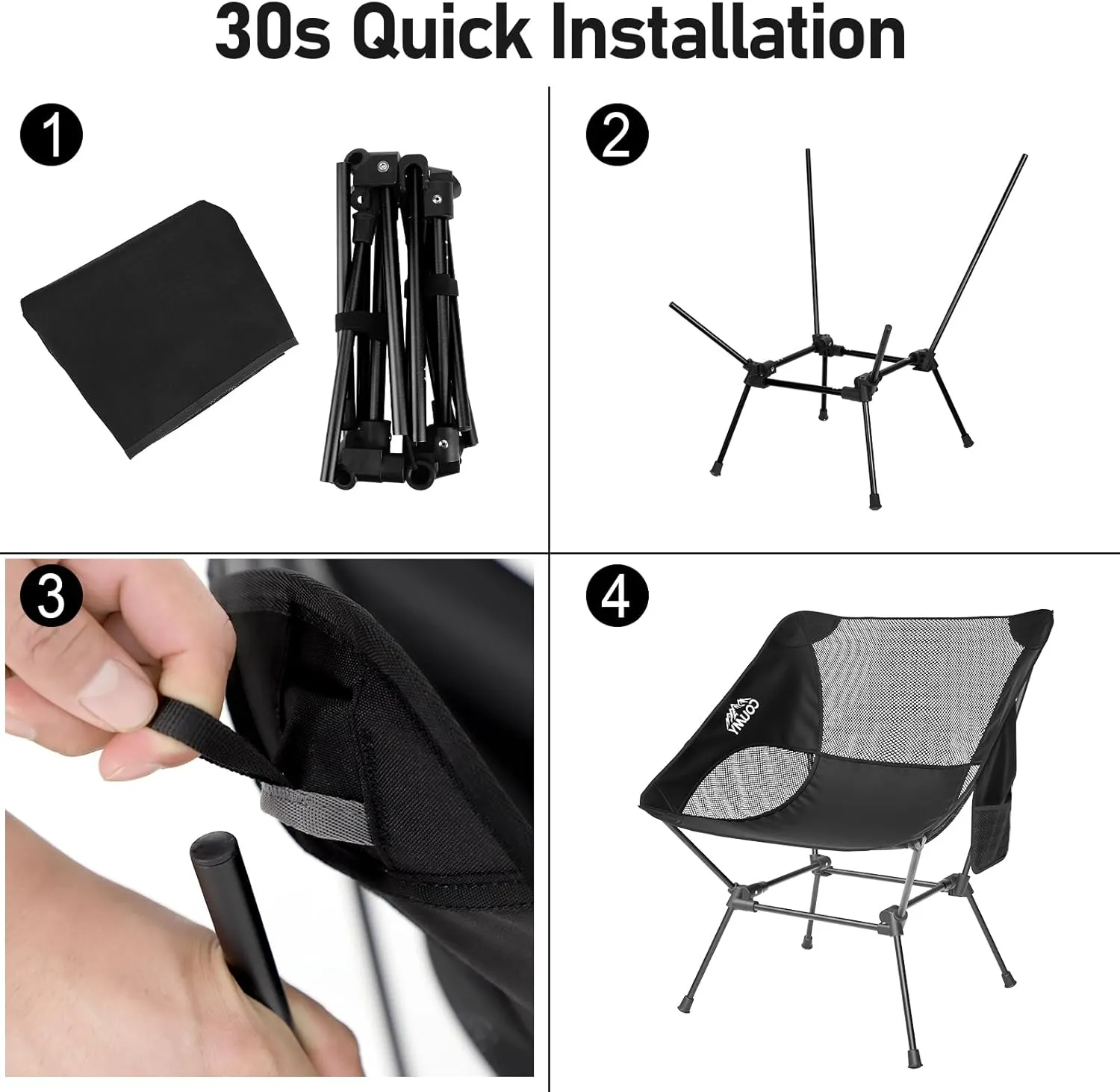 2 Pack Portable Camping Chair,Ultralight Compact Folding Chairs Aluminum Alloy Outdoor Lawn Chair with Side Pockets for Camping Hiking Fishing,Support up to 330lbs(Black)