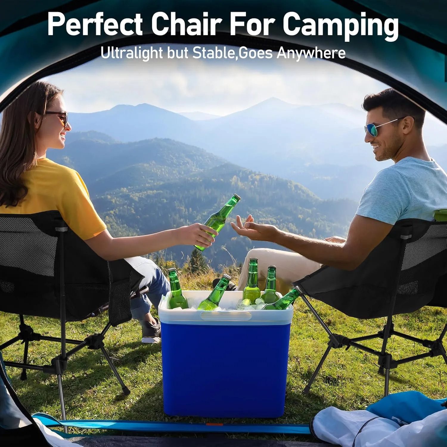2 Pack Portable Camping Chair,Ultralight Compact Folding Chairs Aluminum Alloy Outdoor Lawn Chair with Side Pockets for Camping Hiking Fishing,Support up to 330lbs(Black)