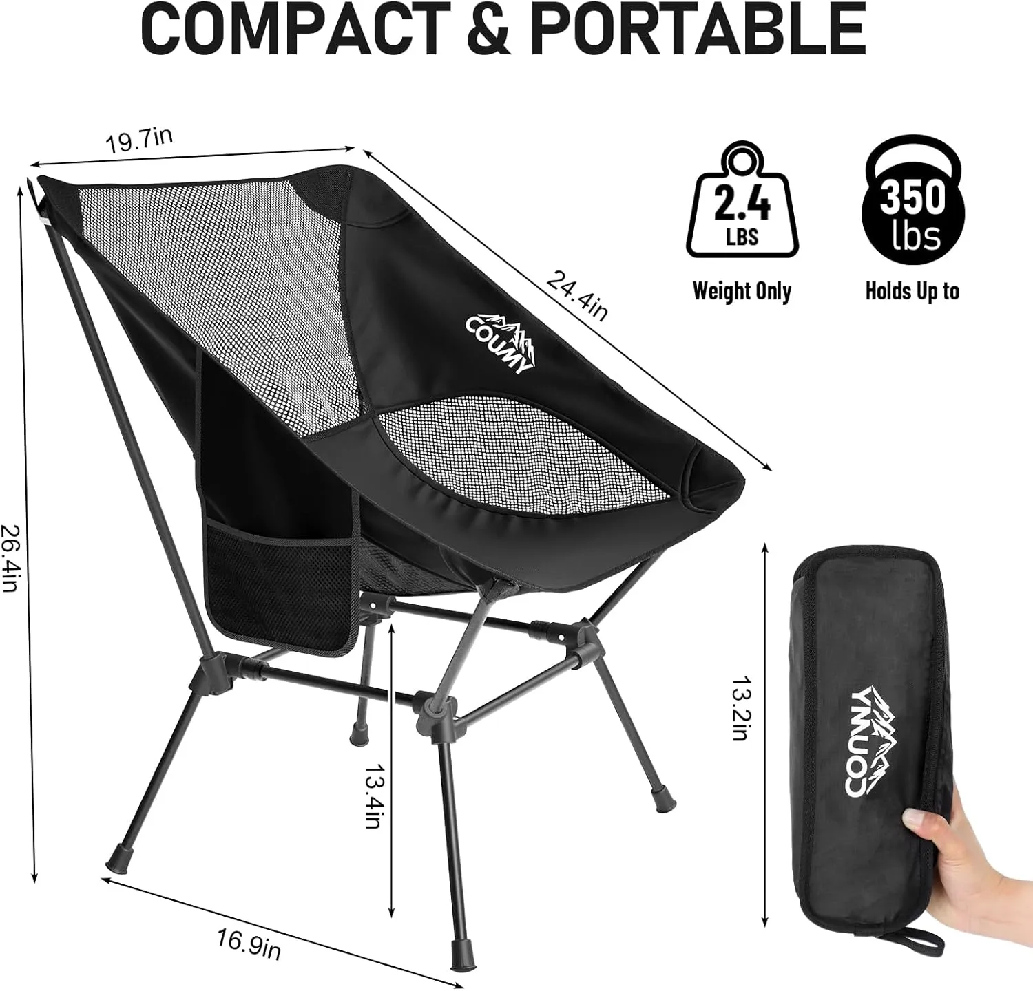 2 Pack Portable Camping Chair,Ultralight Compact Folding Chairs Aluminum Alloy Outdoor Lawn Chair with Side Pockets for Camping Hiking Fishing,Support up to 330lbs(Black)