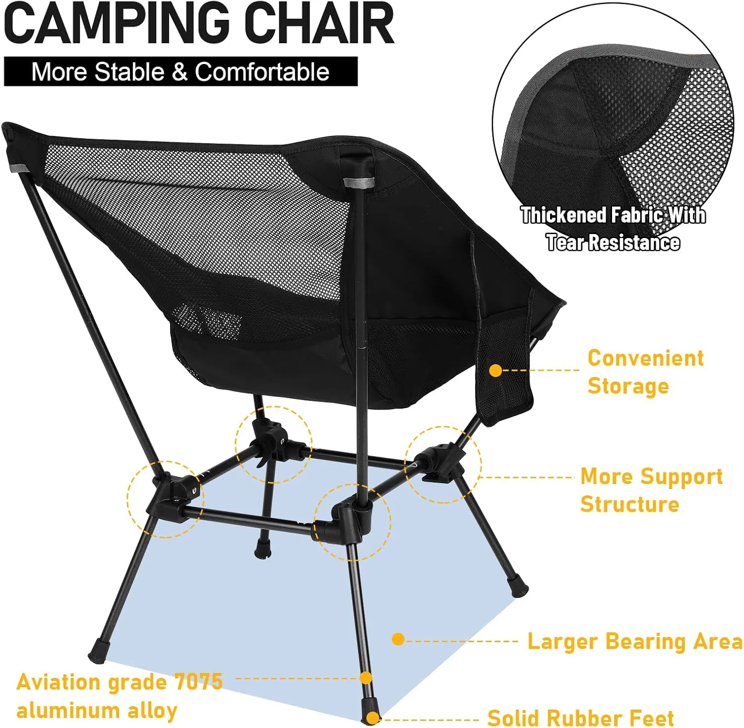 2 Pack Portable Camping Chair,Ultralight Compact Folding Chairs Aluminum Alloy Outdoor Lawn Chair with Side Pockets for Camping Hiking Fishing,Support up to 330lbs(Black)