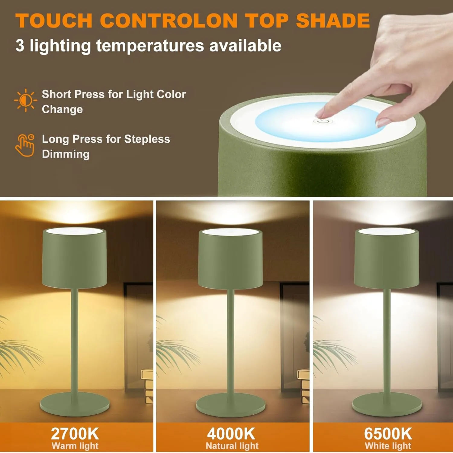 2 Pack Rechargeable Table Lamps, Battery Powered LED Desk Lamp, 3 Color Stepless Dimming Up, Portable Table Light for Bedroom/Couple Dinner/Desk/Cafe/Dining Room/Terrace,Waterproof & Wireless