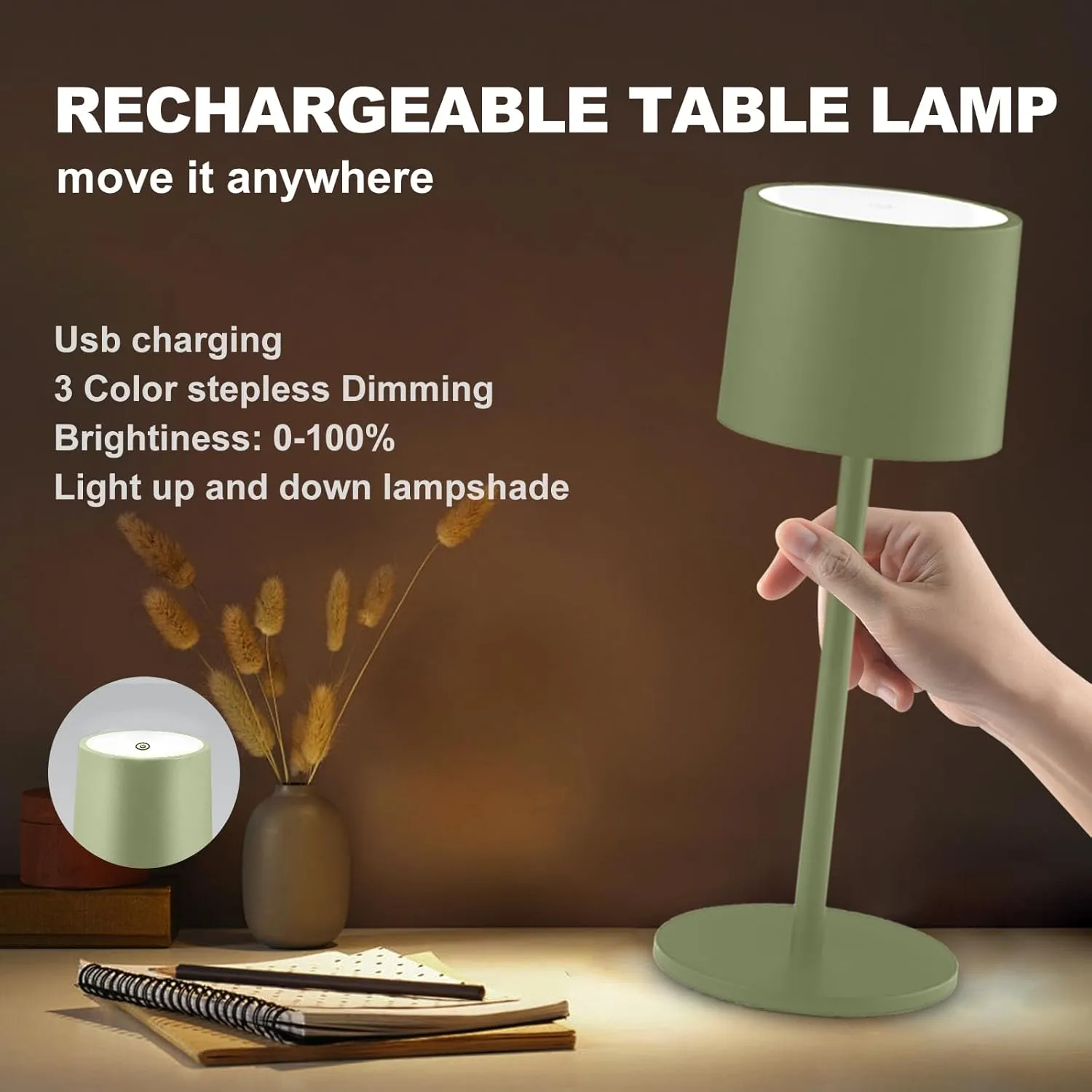 2 Pack Rechargeable Table Lamps, Battery Powered LED Desk Lamp, 3 Color Stepless Dimming Up, Portable Table Light for Bedroom/Couple Dinner/Desk/Cafe/Dining Room/Terrace,Waterproof & Wireless