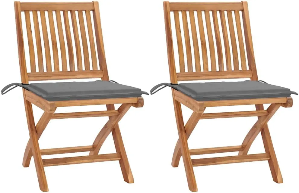 2-Piece Solid Teak Wood Patio Chairs with Gray Cushions, Foldable Outdoor Furniture Set for Poolside Camping Beach Backyard Lounge (No Assembly)