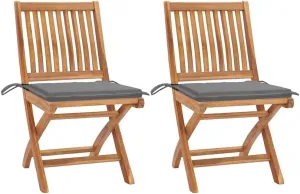 2-Piece Solid Teak Wood Patio Chairs with Gray Cushions, Foldable Outdoor Furniture Set for Poolside Camping Beach Backyard Lounge (No Assembly)