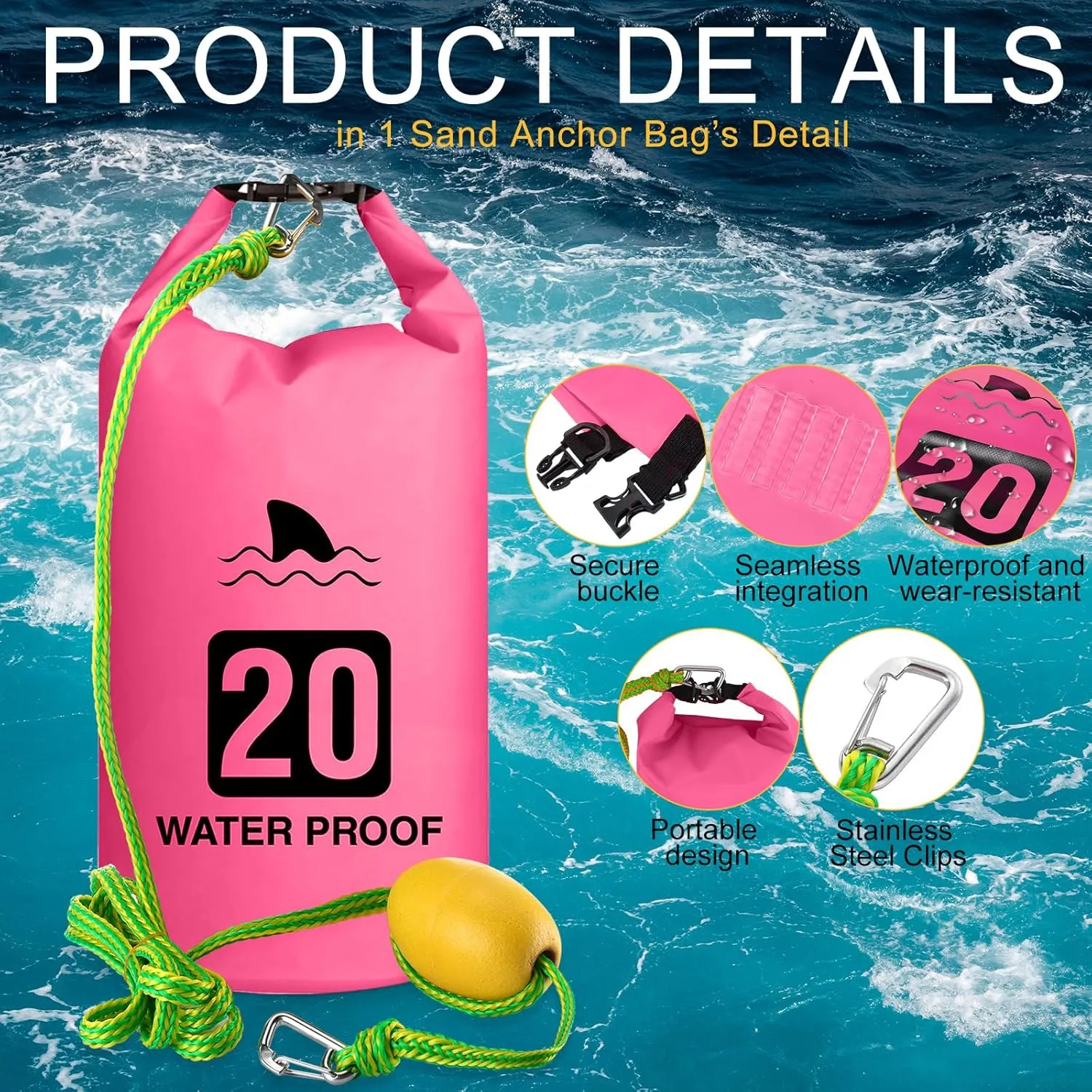 2 Set 20L Sand Anchor Heavy Duty Buoy Kit 2 in 1 Kayak Anchor Floating Waterproof Dry Bag with High Visibility Float Rope for Lake Beach Boat Hiking Camping Water Sports Surfing Kayaking(Rose Red)
