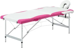 2-Zone Foldable Massage Table Adjustable Height with Aluminum Frame, Portable Design in White and Pink