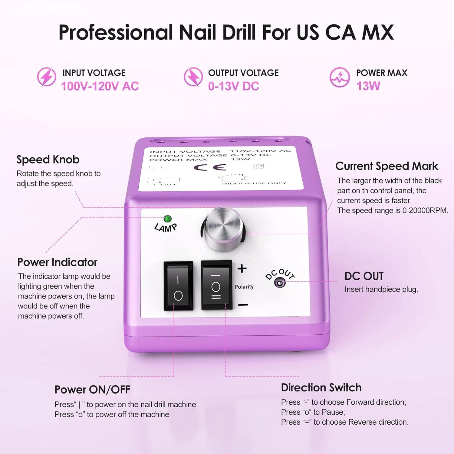 20000 RPM Professional Nail Drill Machine Efile Electric Nail Filer Kit for Finger Toe Nails, Acrylic Gel Dip Nails, Manicure Pedicure Drill with 6Pcs Bits and 106Pcs Sanding Bands, Purple