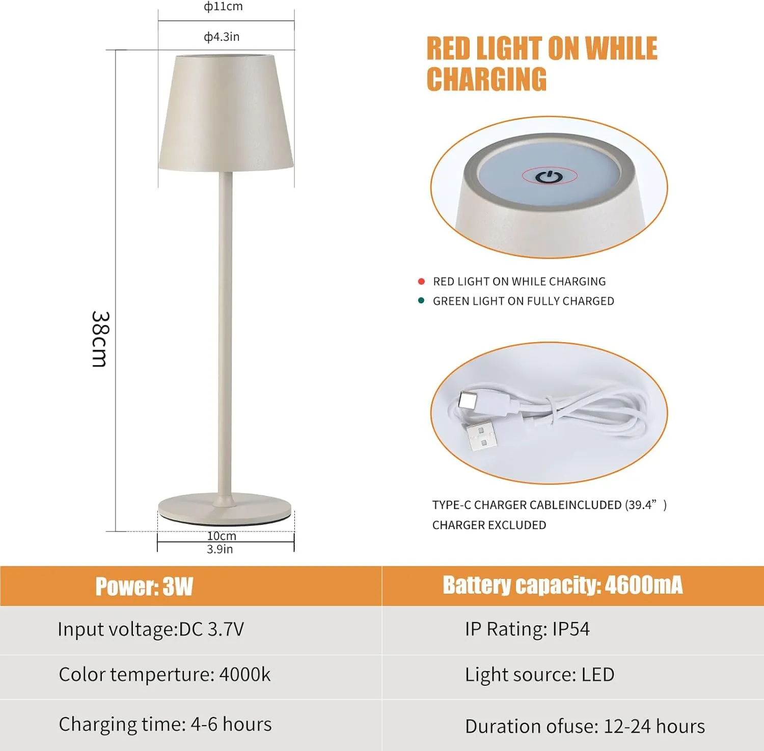 2Pack Cordless Table Lamps USB Rechargeable Simplicity Desk Lamp Built-in 4600 mAh Battery LED Battery Operated lamp with Touch Control Table lamp - Bedroom/Desk/Reading/Patio(Apricot)