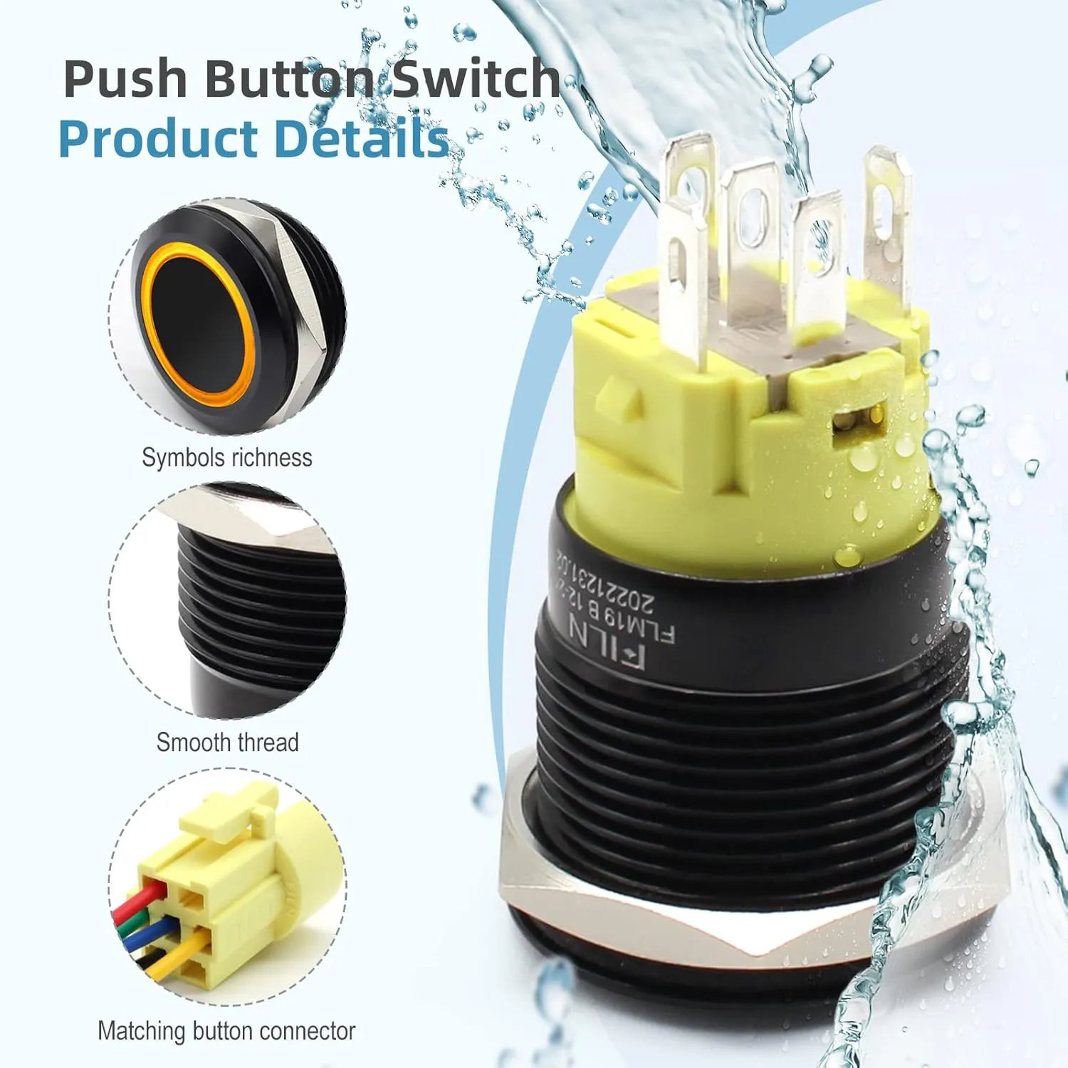 2PCS 19mm (3/4'') Latching Push Button Switch Latching 12V 24V DC On-Off with LED Symbol Head for Mounting Hole 1NO1NC with Wire Socket Plug Black Plated