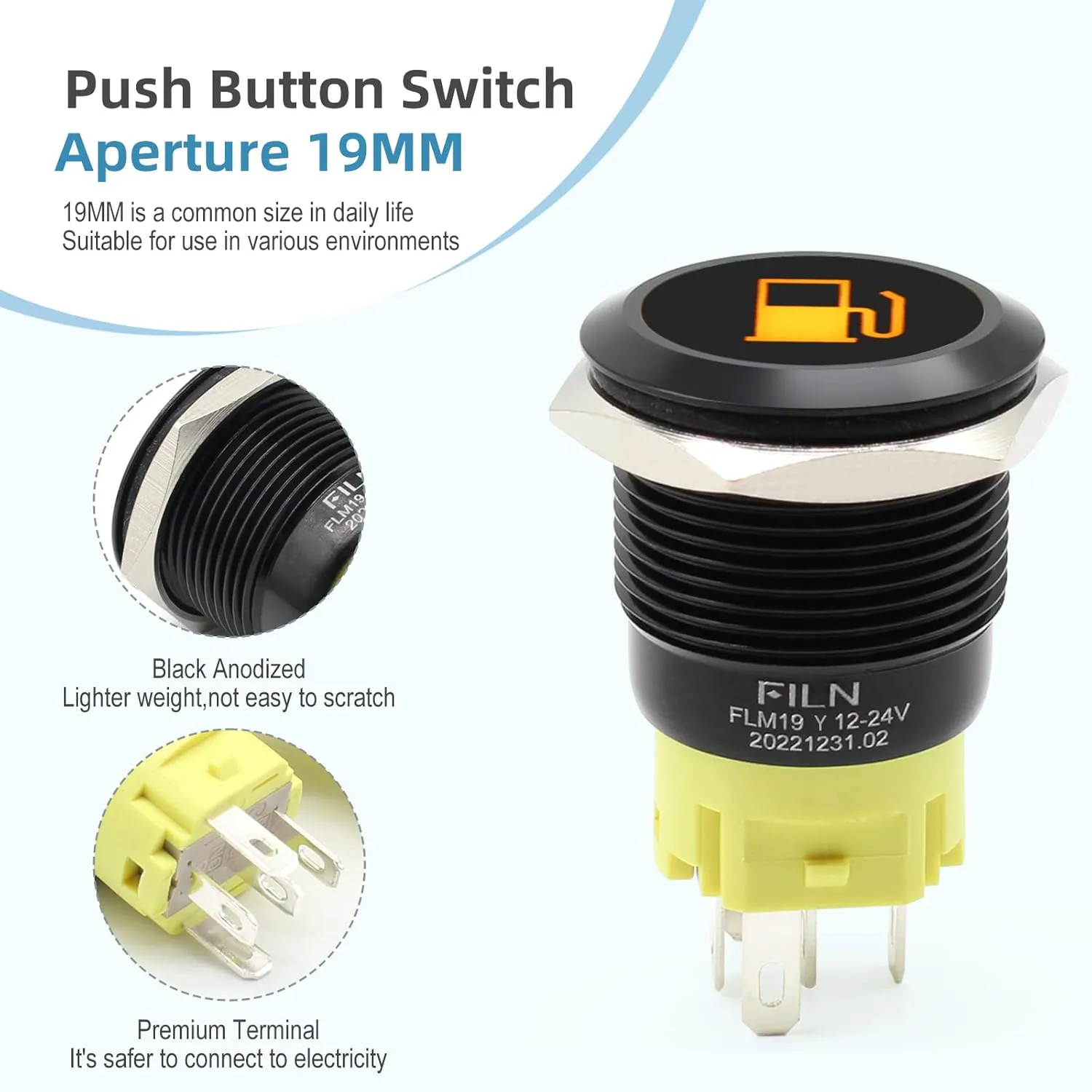 2PCS 19mm (3/4'') Latching Push Button Switch Latching 12V 24V DC On-Off with LED Symbol Head for Mounting Hole 1NO1NC with Wire Socket Plug Black Plated
