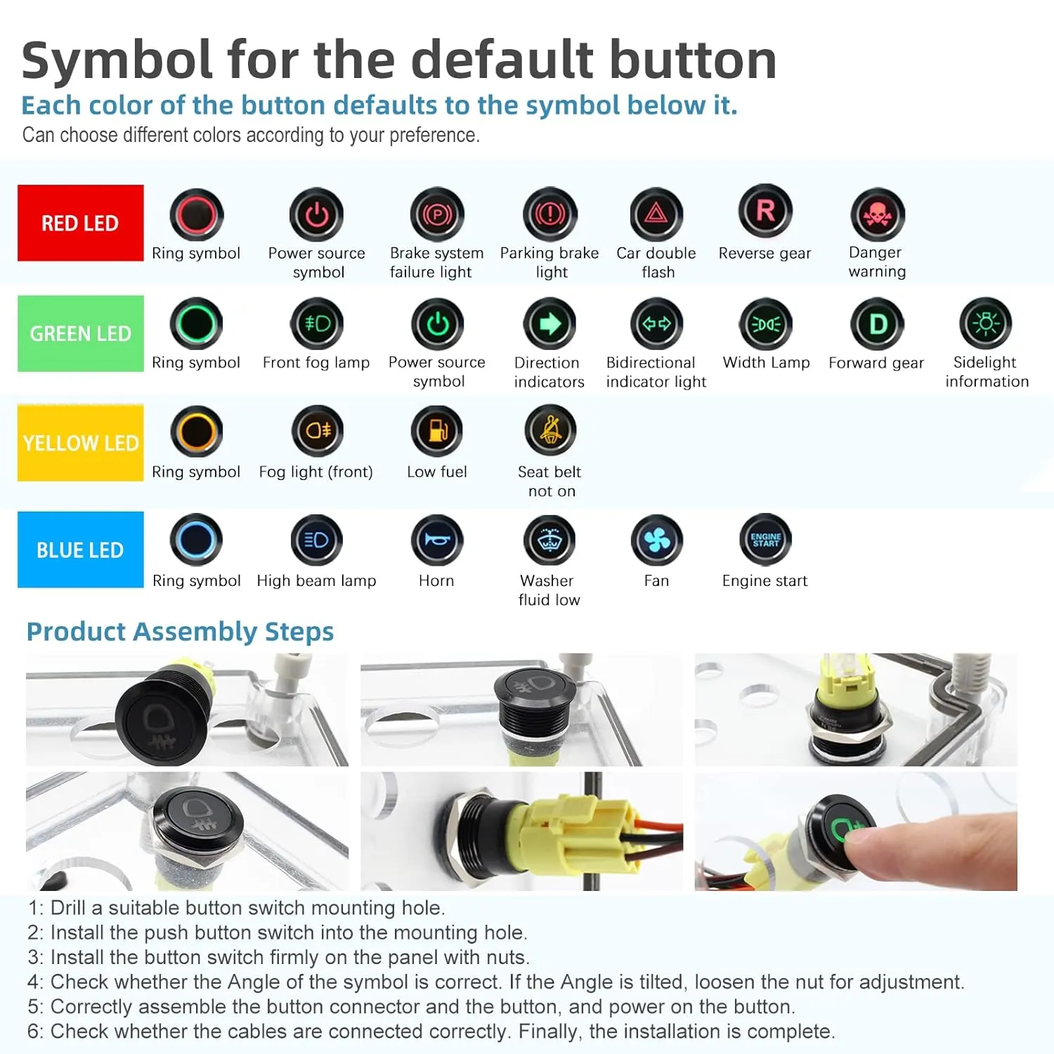 2PCS 19mm (3/4'') Latching Push Button Switch Latching 12V 24V DC On-Off with LED Symbol Head for Mounting Hole 1NO1NC with Wire Socket Plug Black Plated