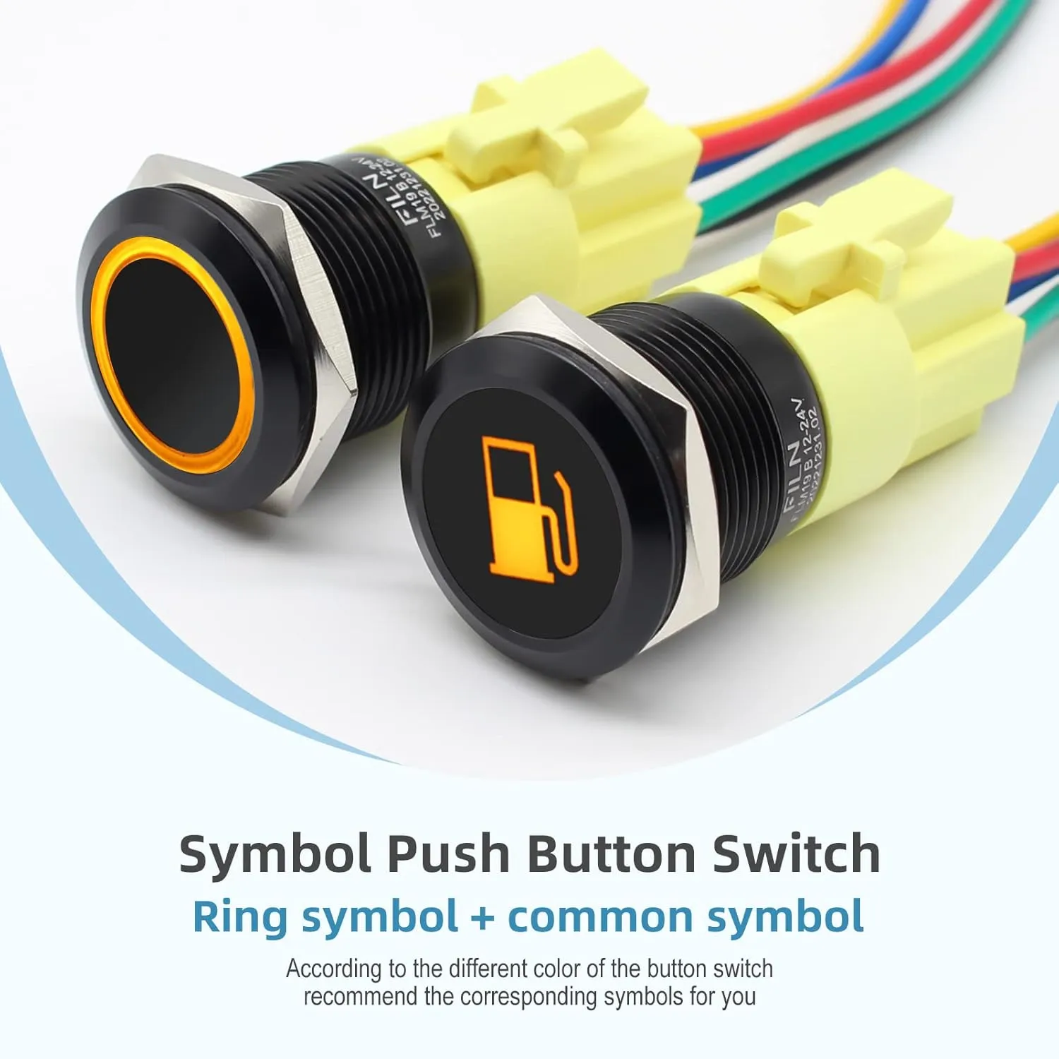 2PCS 19mm (3/4'') Latching Push Button Switch Latching 12V 24V DC On-Off with LED Symbol Head for Mounting Hole 1NO1NC with Wire Socket Plug Black Plated